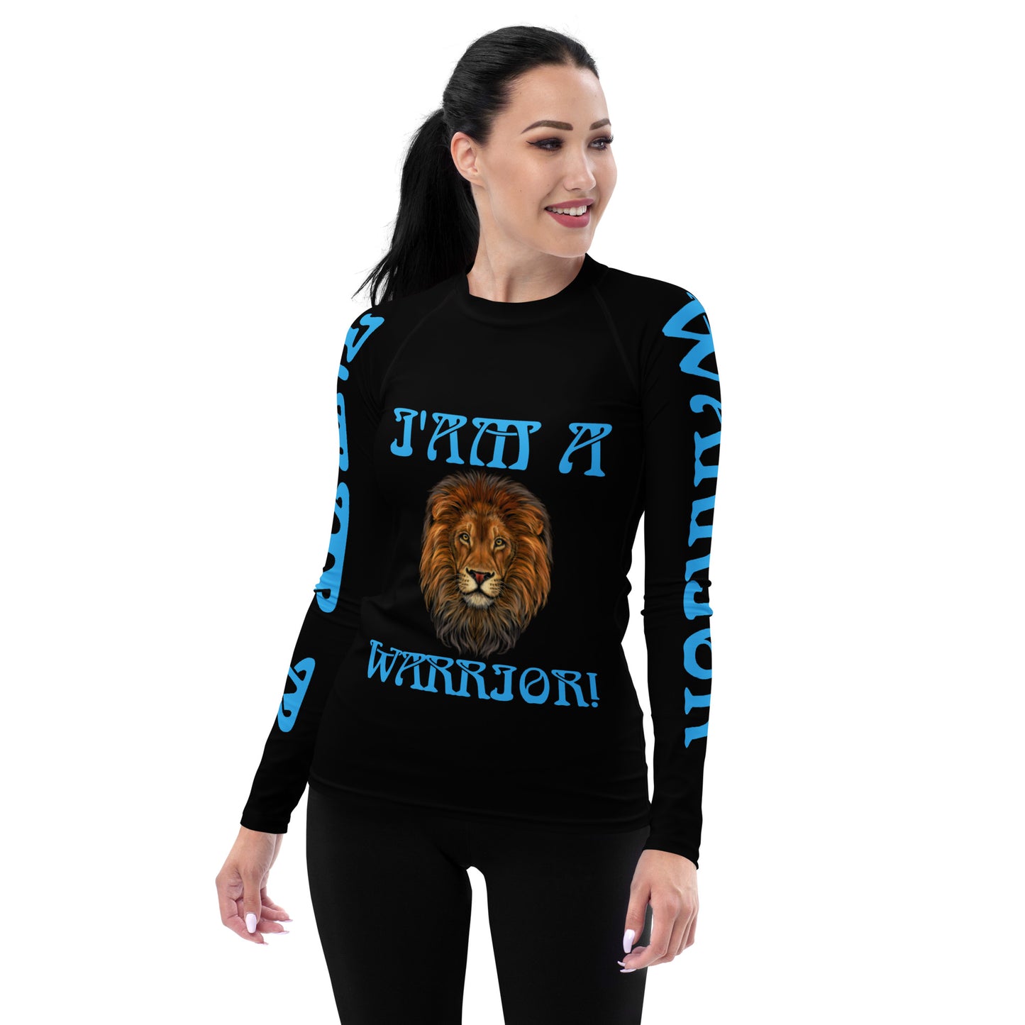 “I’AM A WARRIOR!” Black Women's Rash Guard W/SkyBlue Font