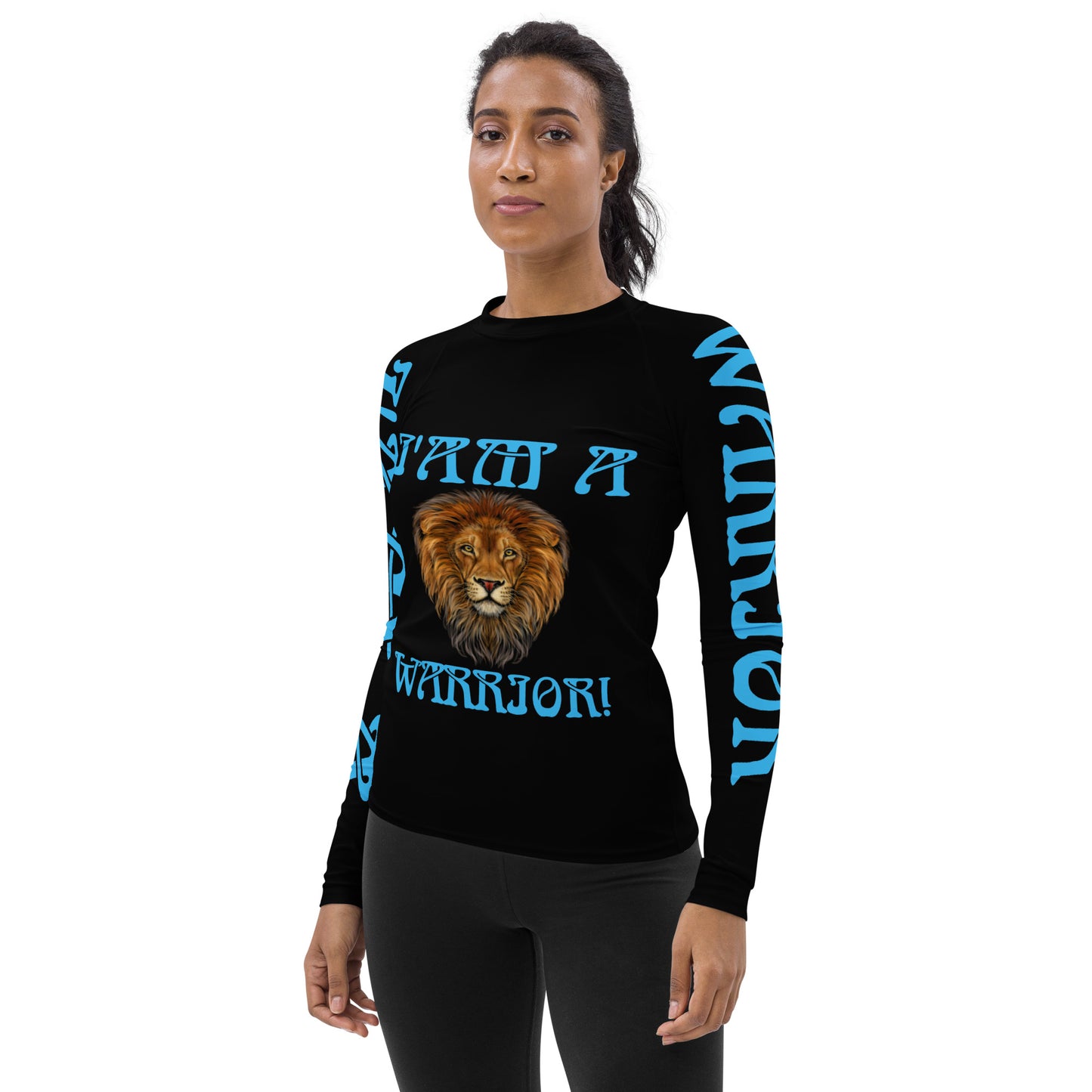 “I’AM A WARRIOR!” Black Women's Rash Guard W/SkyBlue Font