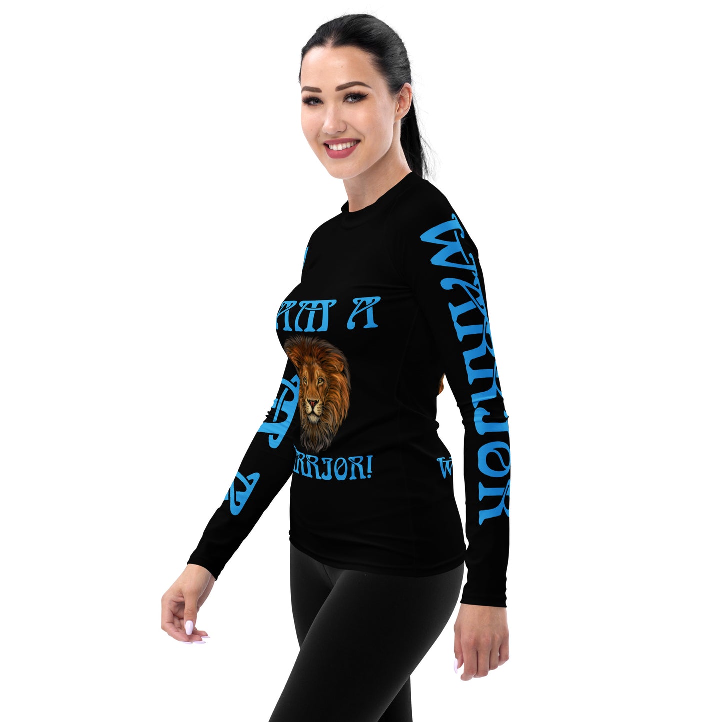 “I’AM A WARRIOR!” Black Women's Rash Guard W/SkyBlue Font
