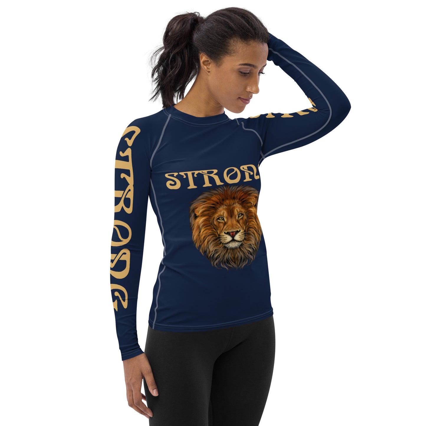 “STRONG” Navy Women's Rash Guard W/Fawn Font