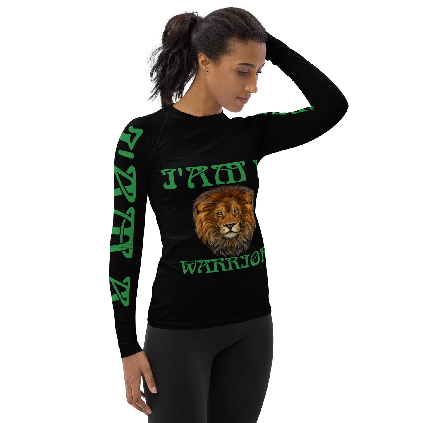 “I’AM A WARRIOR!” Black Women's Rash Guard W/Green Font