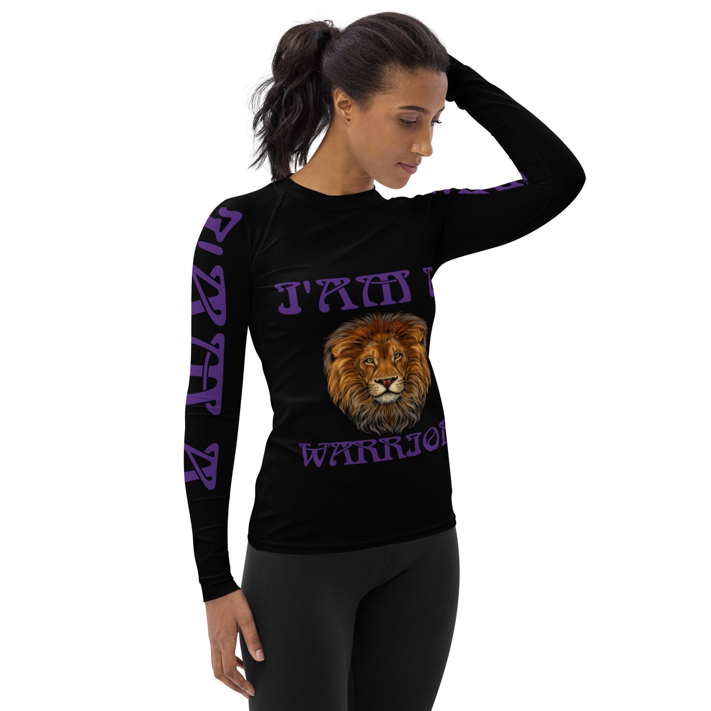 “I’AM A WARRIOR!” Black Women's Rash Guard W/Purple Font