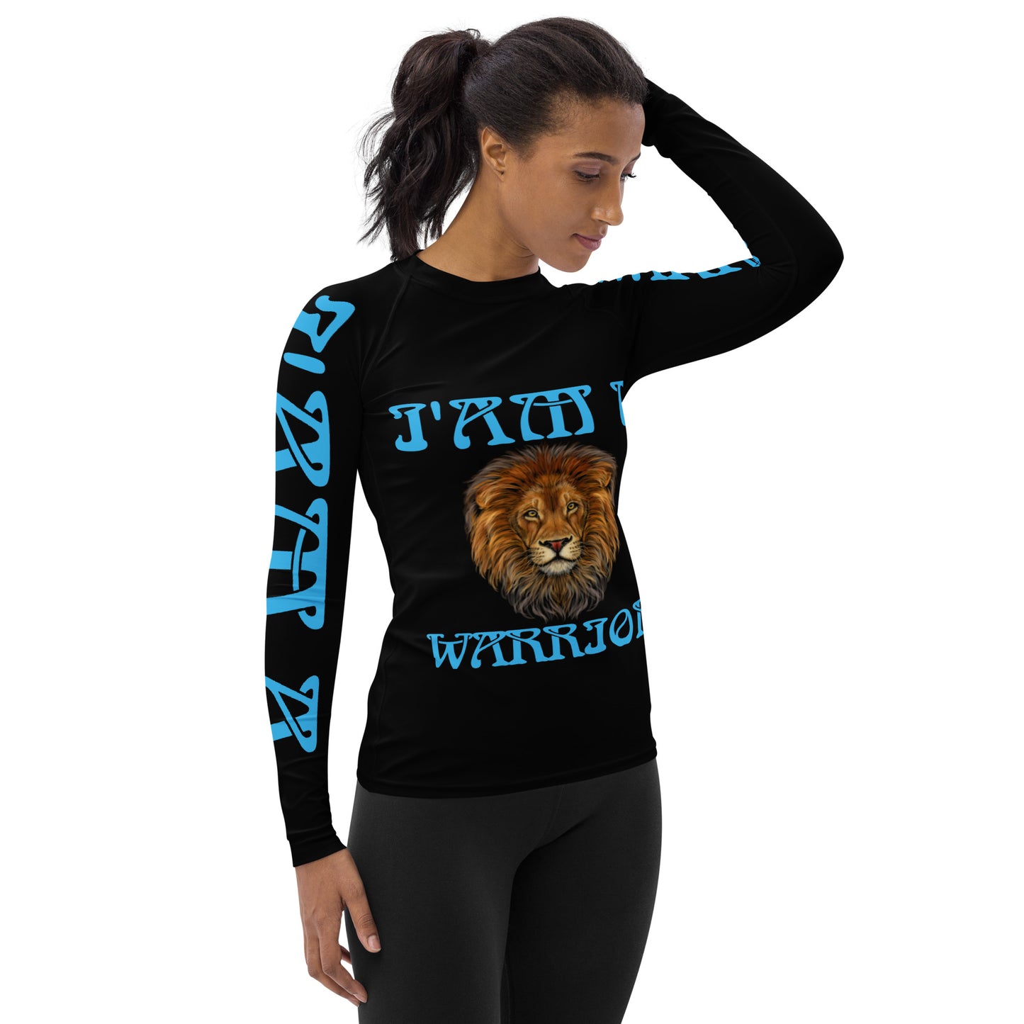 “I’AM A WARRIOR!” Black Women's Rash Guard W/SkyBlue Font