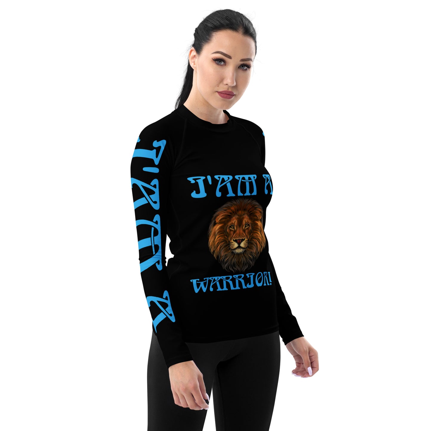 “I’AM A WARRIOR!” Black Women's Rash Guard W/SkyBlue Font