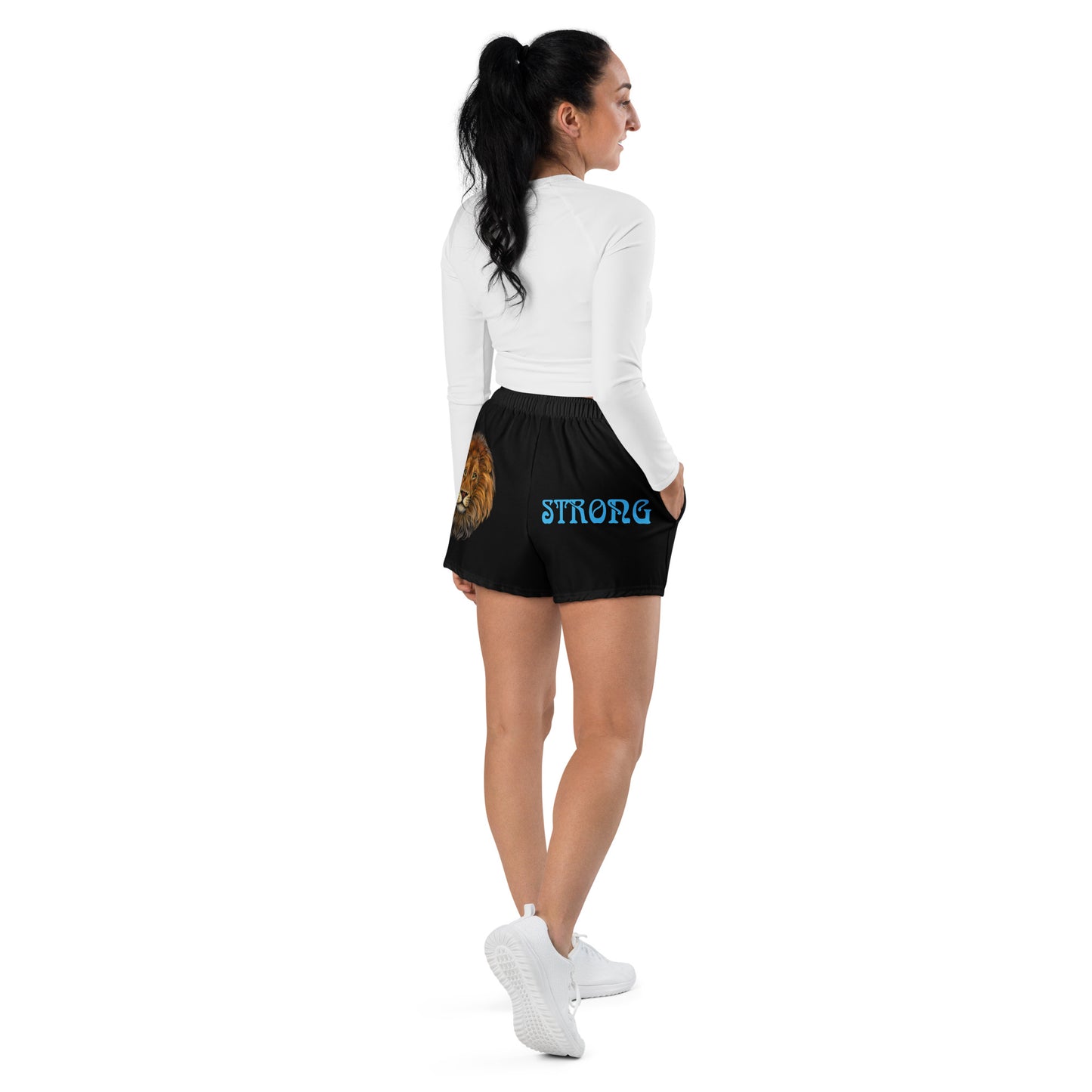 “STRONG” Black Women’s Athletic Shorts W/SkyBlue Font