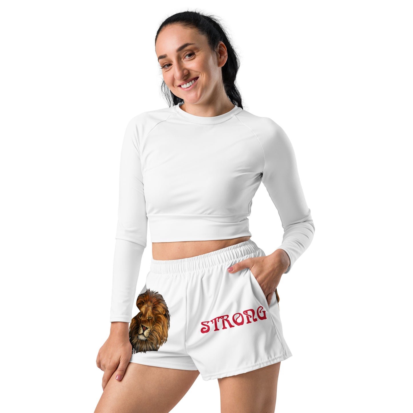 “STRONG” White Women’s Athletic Shorts W/Red Font