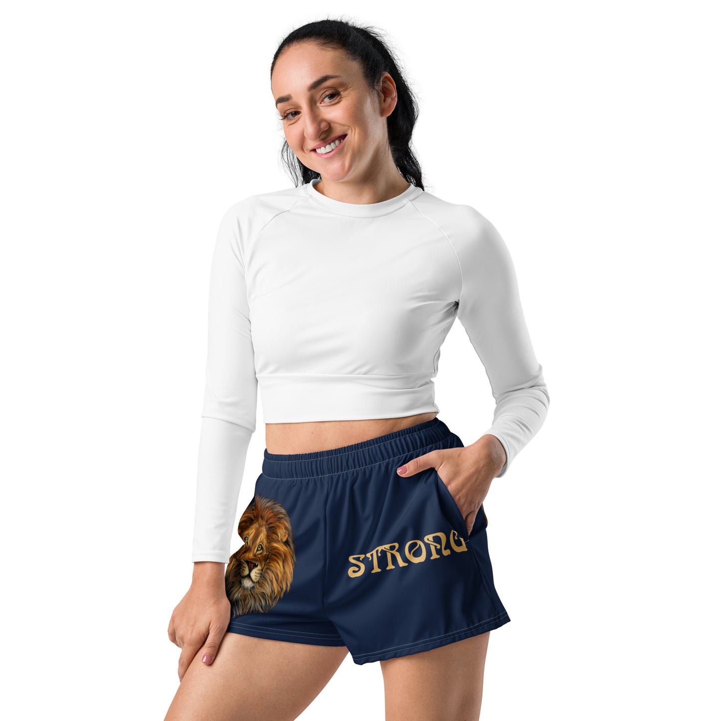 “STRONG” Navy Women’s Athletic Shorts W/Fawn Font
