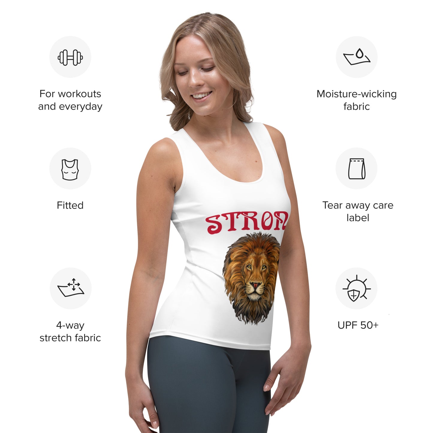 “STRONG”White Sublimation Cut & Sew Tank Top W/Red Font