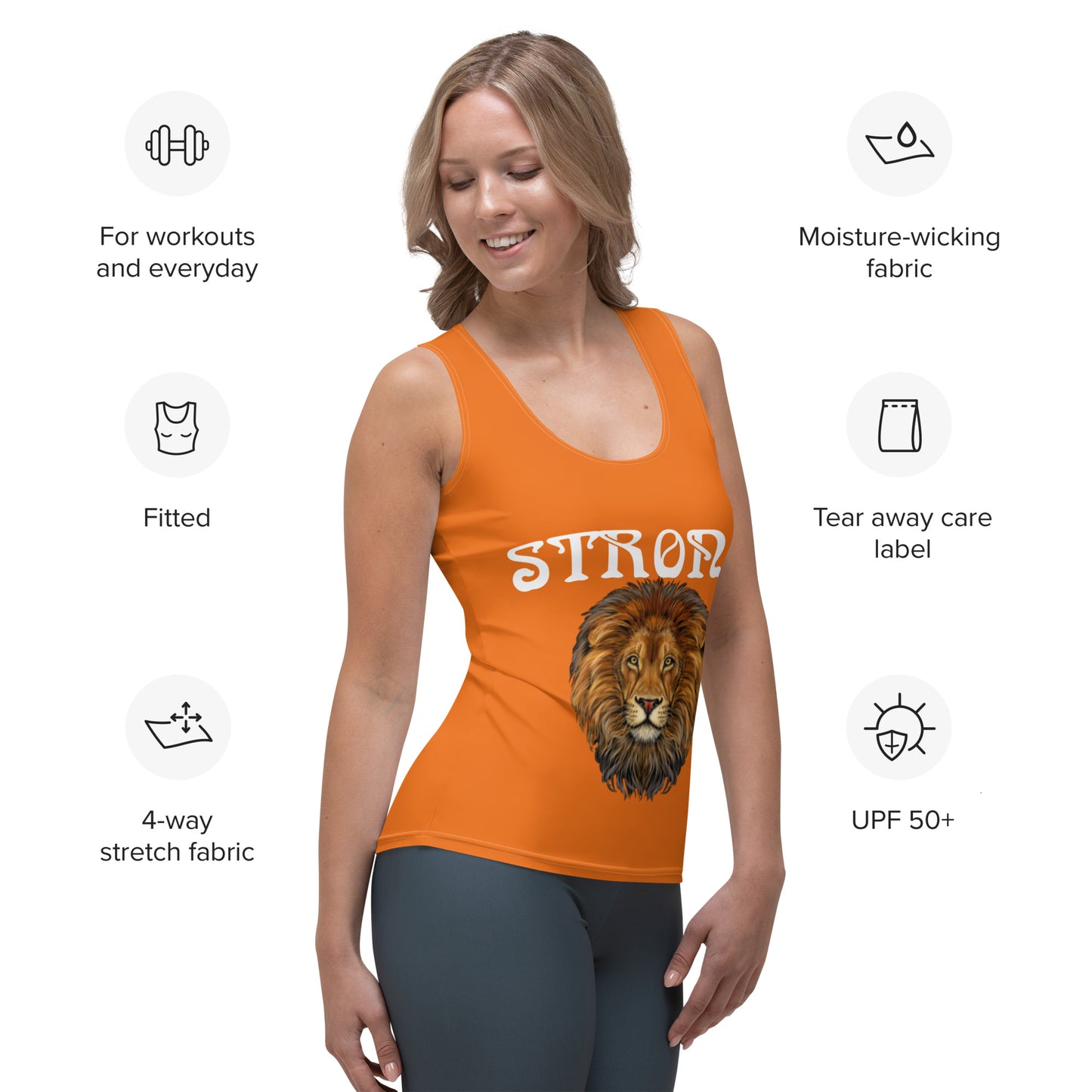 “STRONG”Orange Sublimation Cut & Sew Tank Top W/White Font