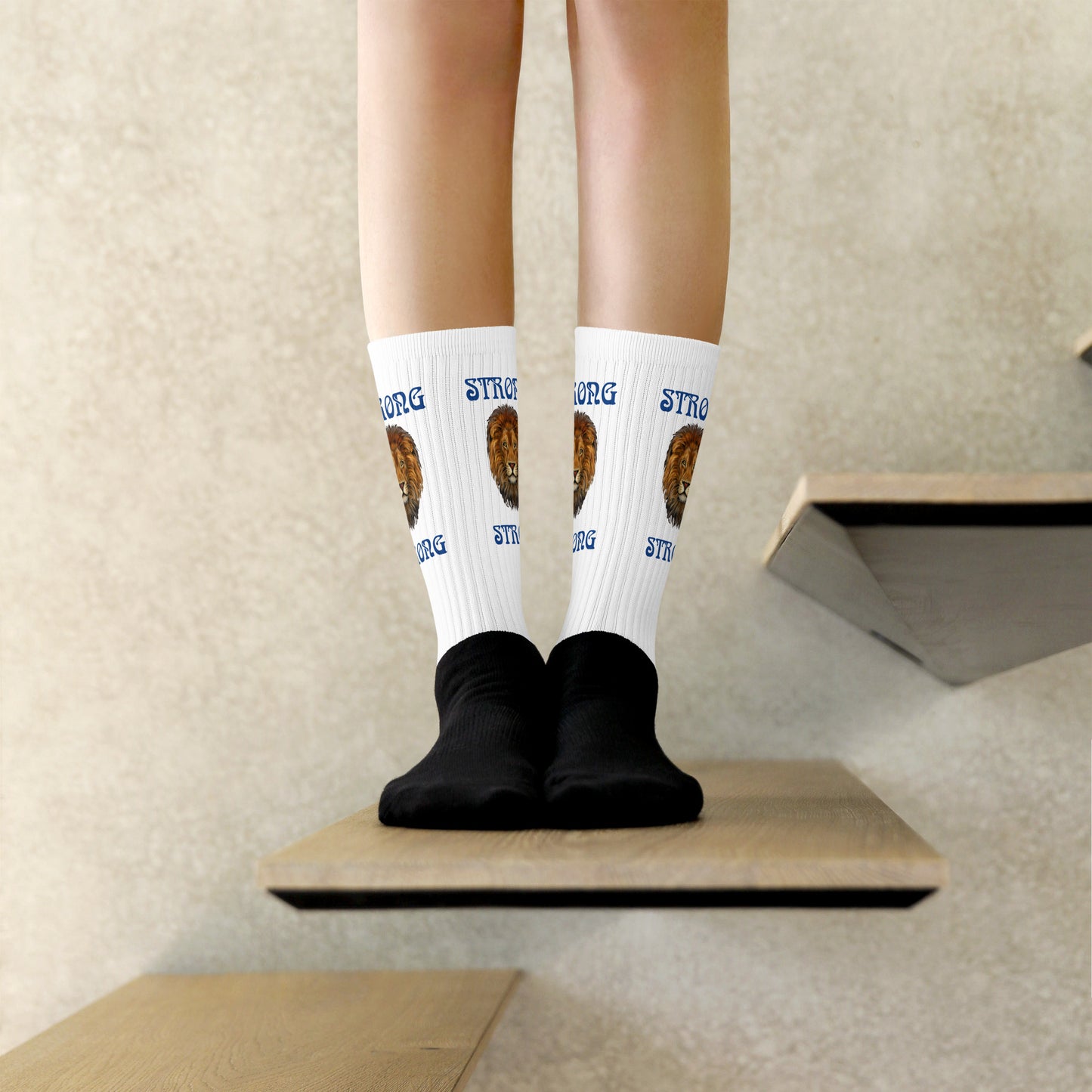 “STRONG”White Socks W/Blue Font