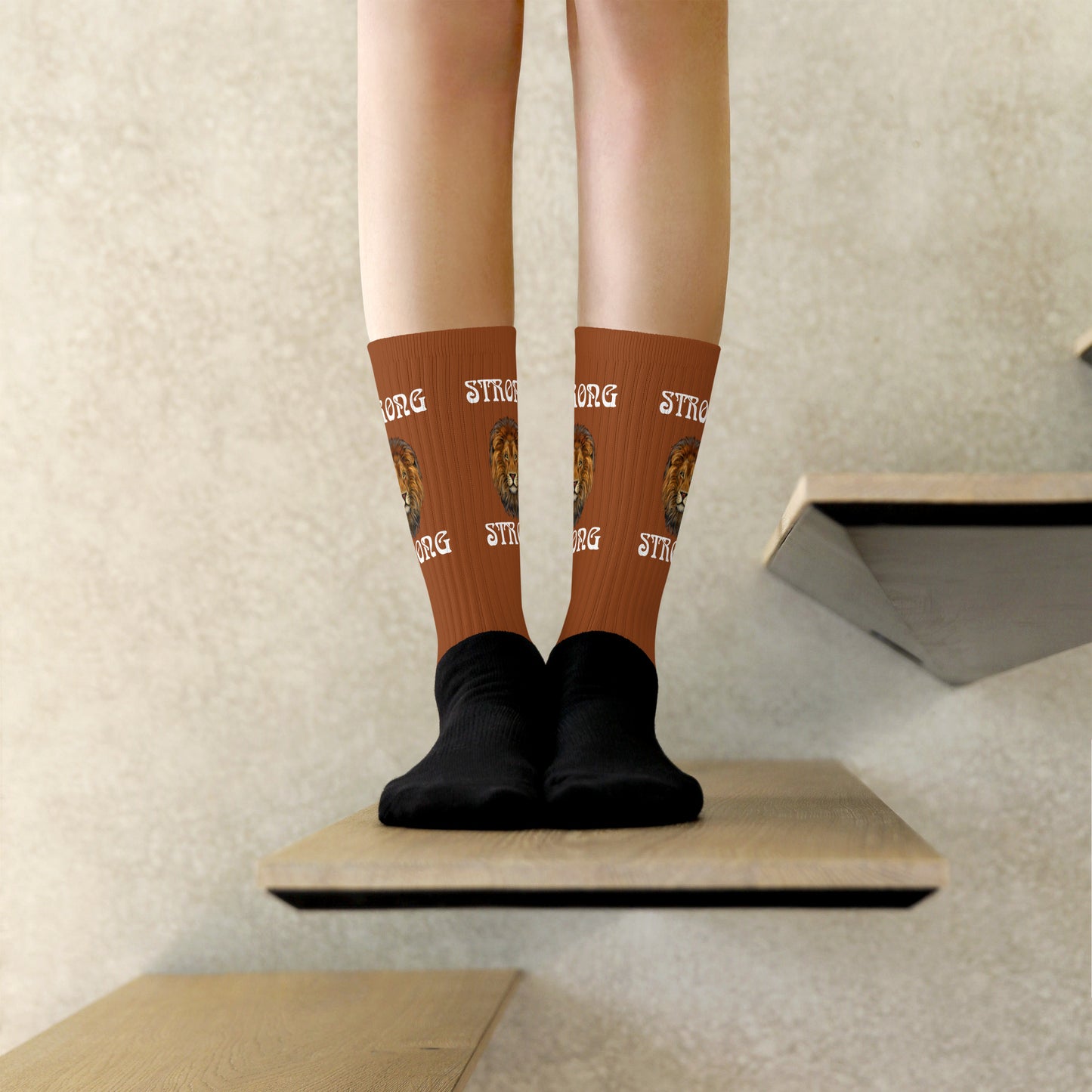 “STRONG”Brown Socks W/White Font