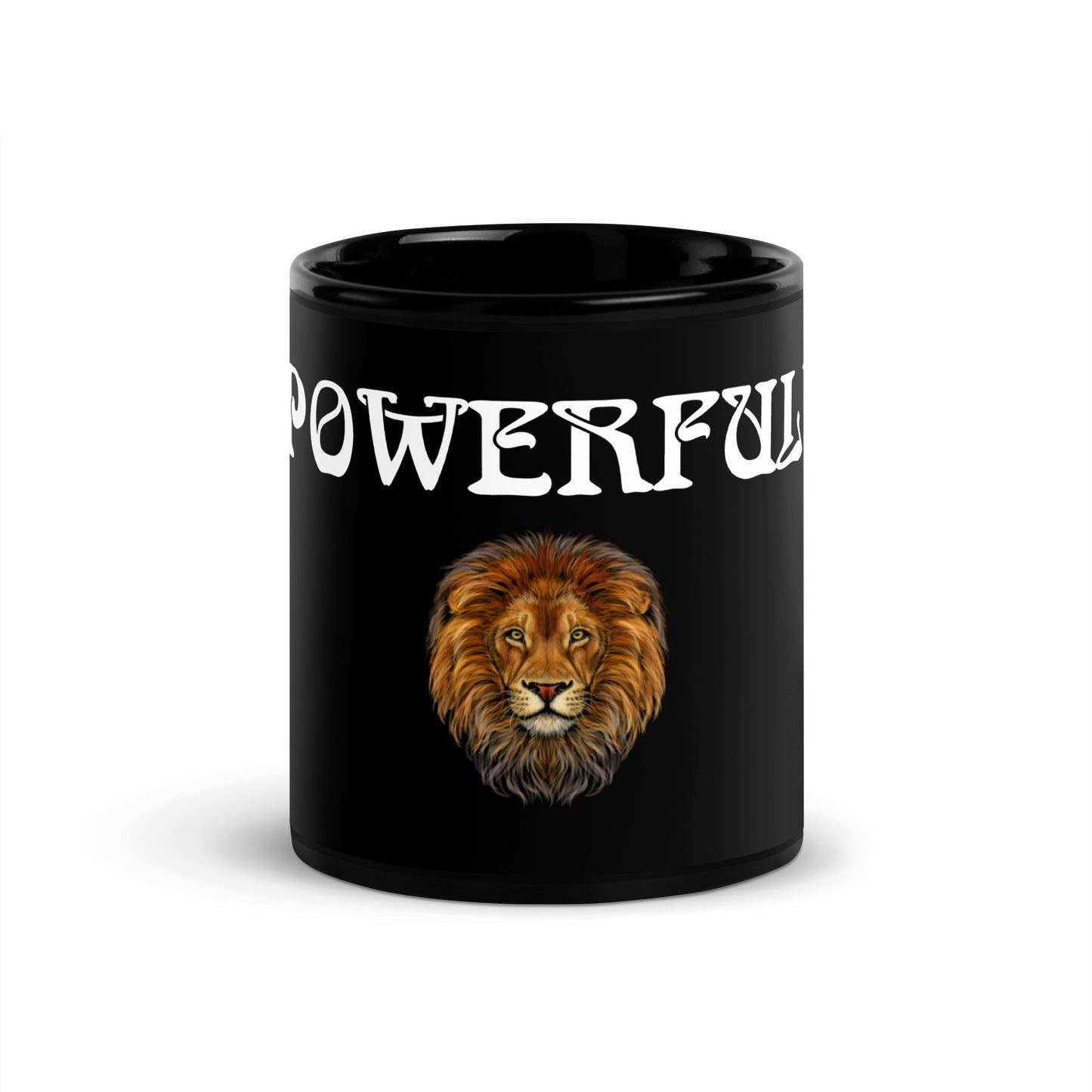 “POWERFUL!”Black Glossy Mug W/White Font