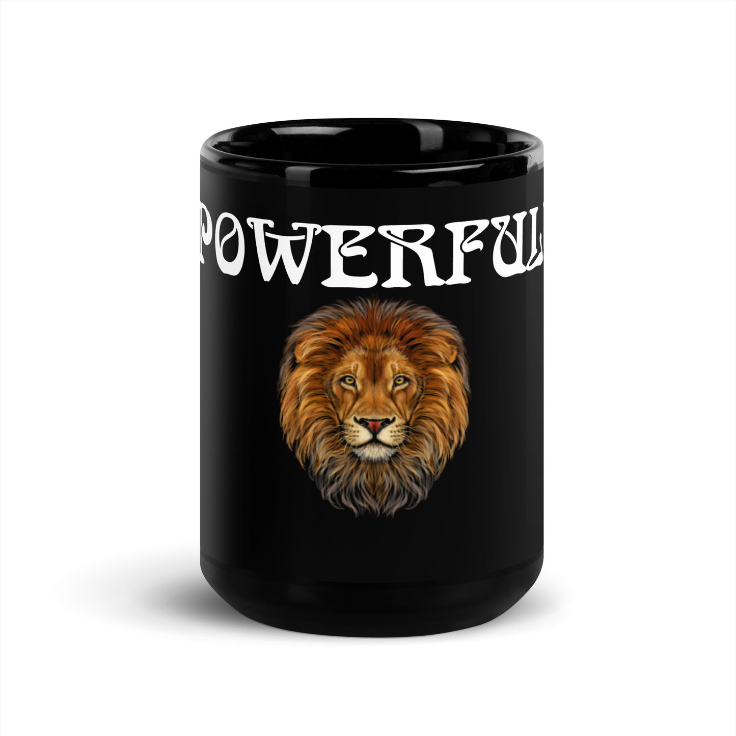 “POWERFUL!”Black Glossy Mug W/White Font