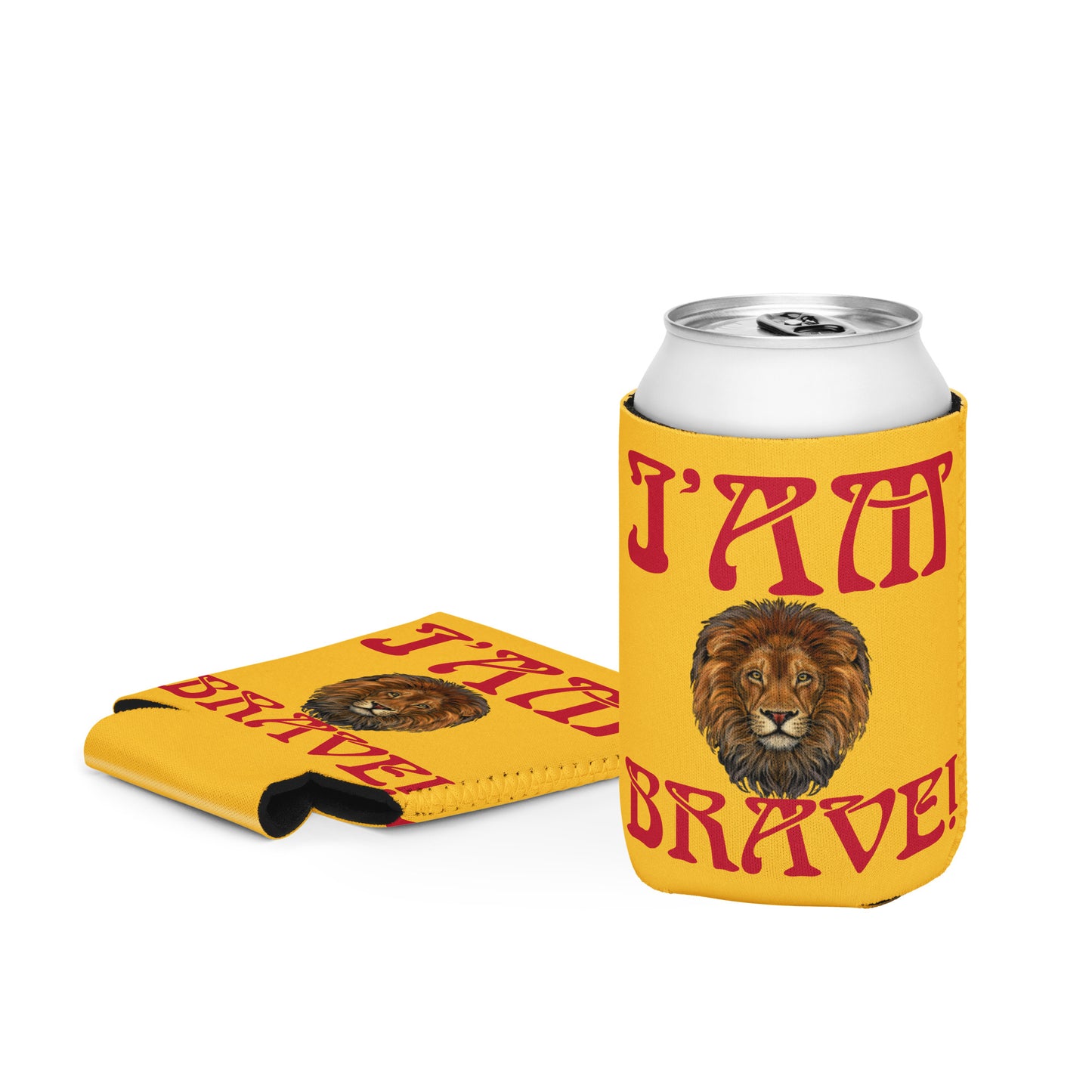 “I’AM BRAVE!” Yellow Can Cooler W/Red Font