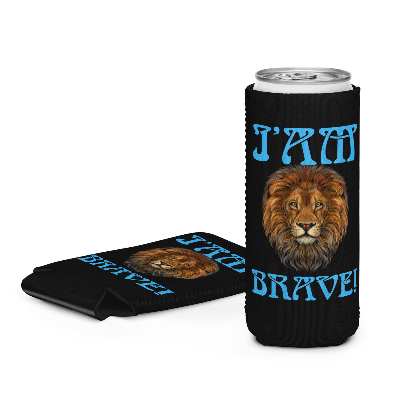 “I’AM BRAVE!” Black Can Cooler W/SkyBlue Font