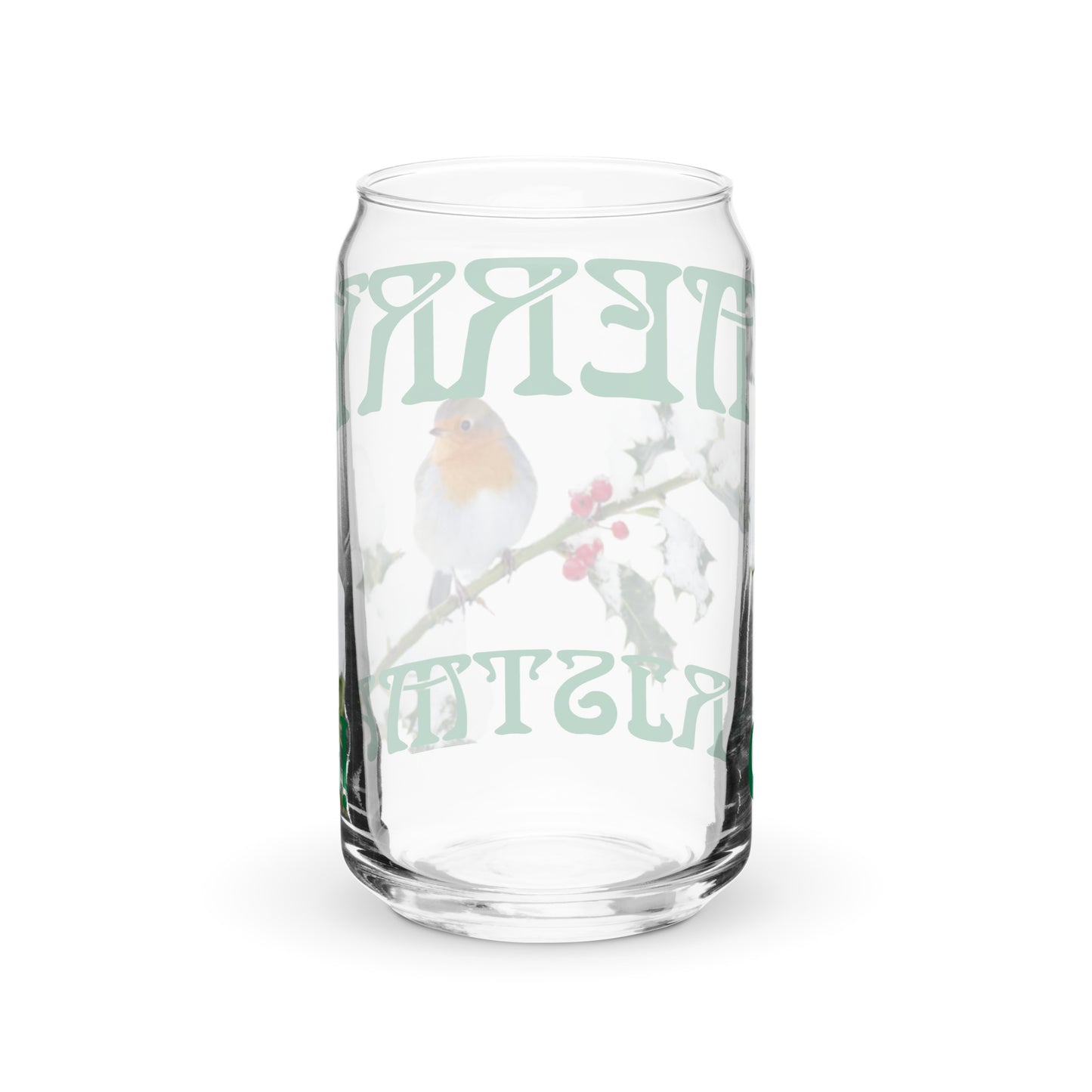 “MERRY CHRISTMAS! W/A BIRD Can-Shaped Glass W/Green Font