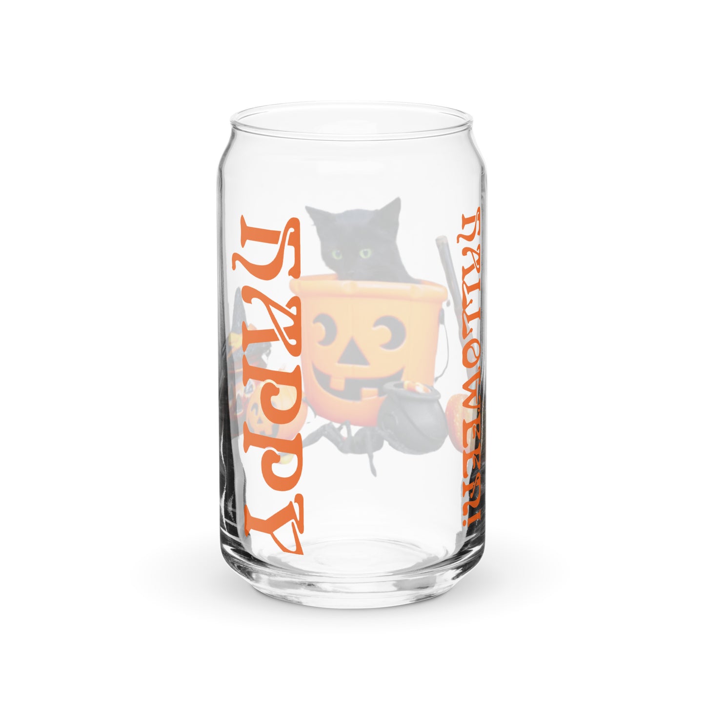 “HAPPY HALLOWEEN!”Can-Shaped Glass W/Black Kitten/Orange Font