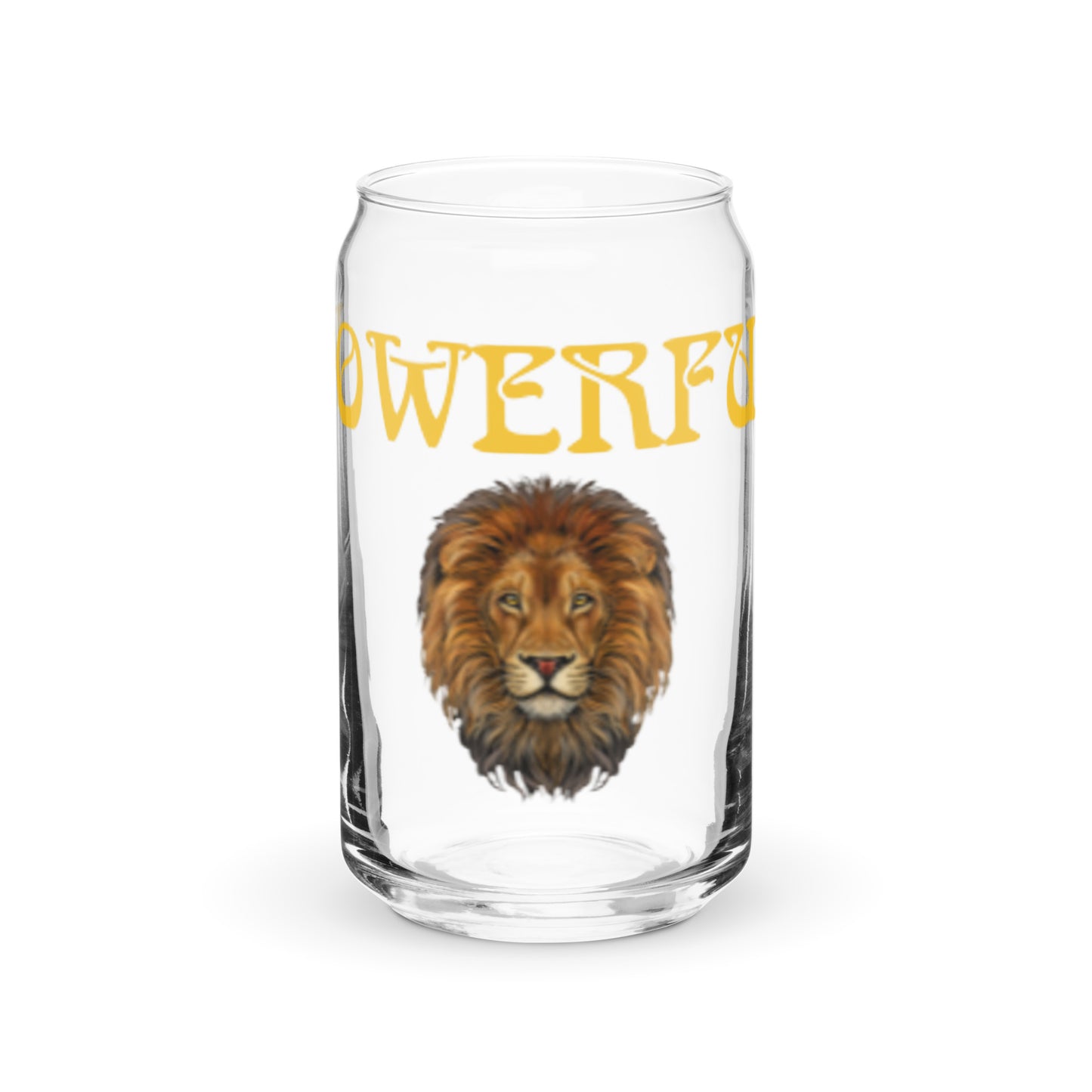 “POWERFUL”Can-Shaped Glass W/Yellow Font