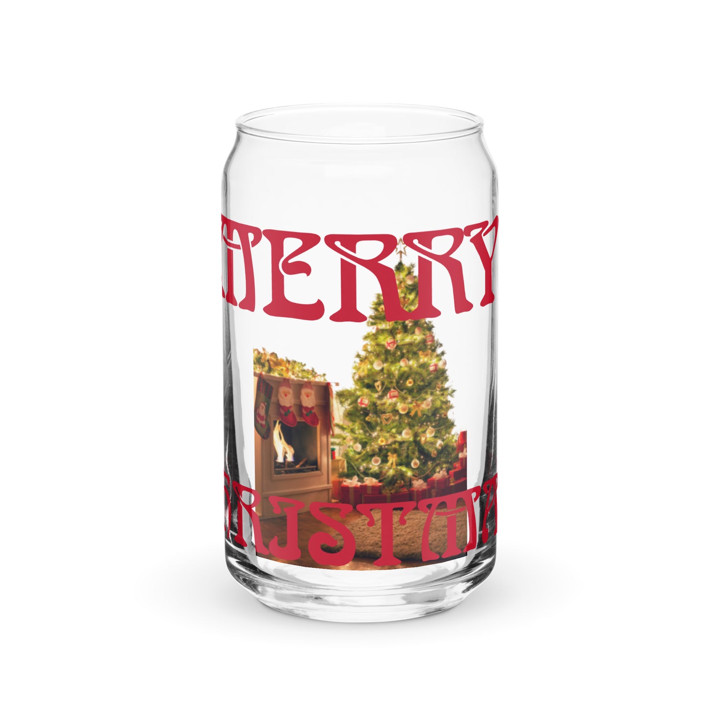 “MERRY CHRISTMAS TREE!”Can-Shaped Glass W/Red Font
