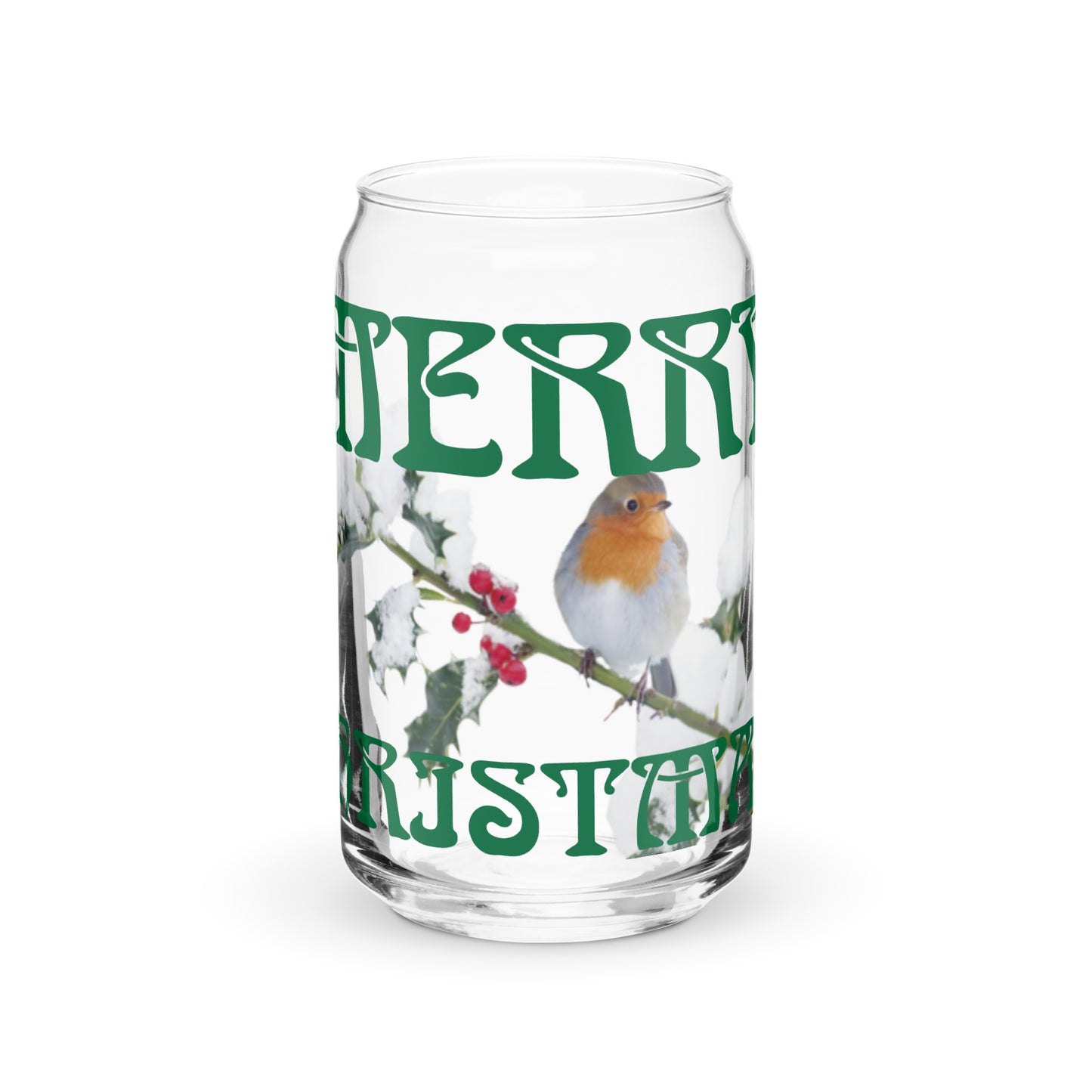 “MERRY CHRISTMAS! W/A BIRD Can-Shaped Glass W/Green Font