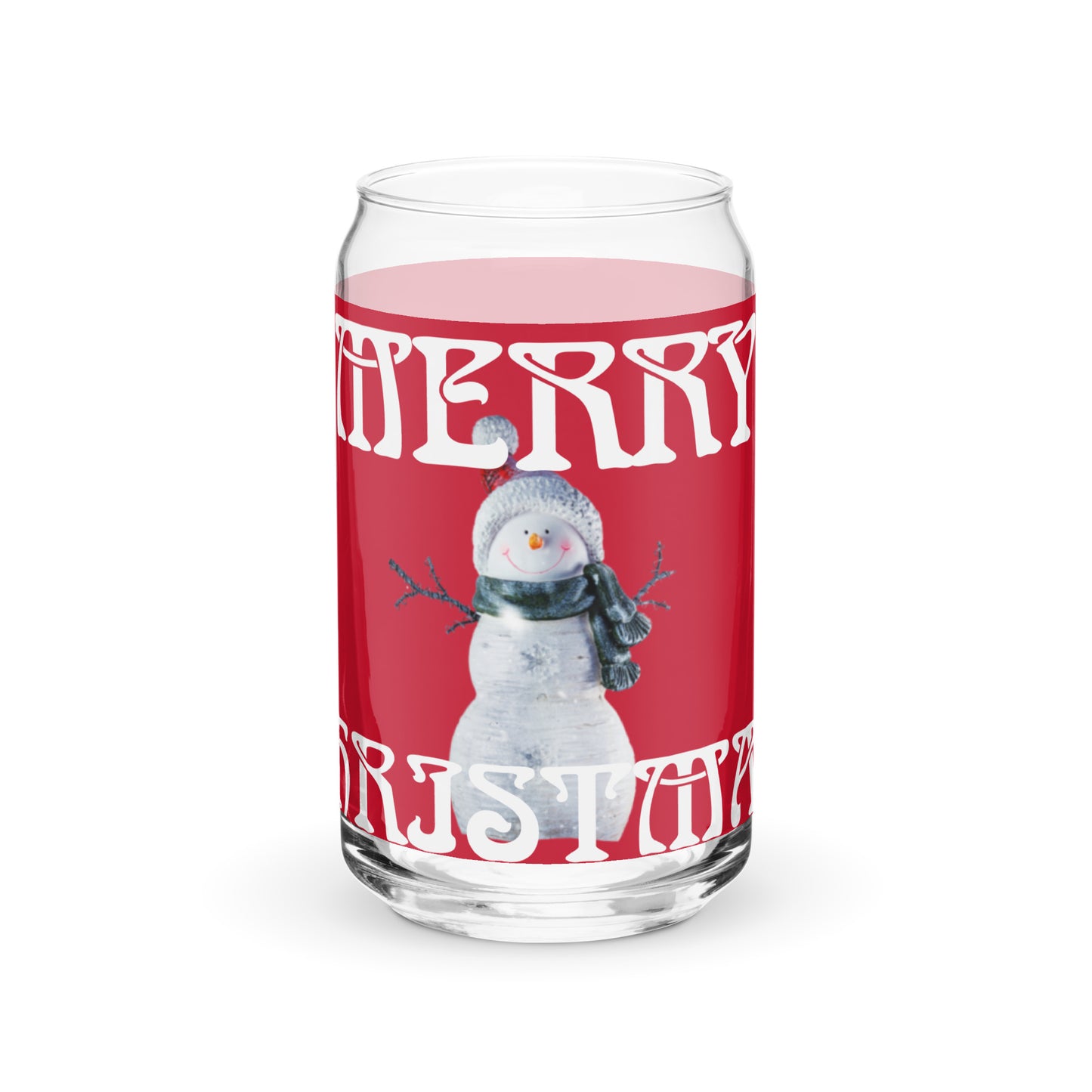 “MERRY CHRISTMAS SNOWMAN!”Red Can-Shaped Glass W/White Font
