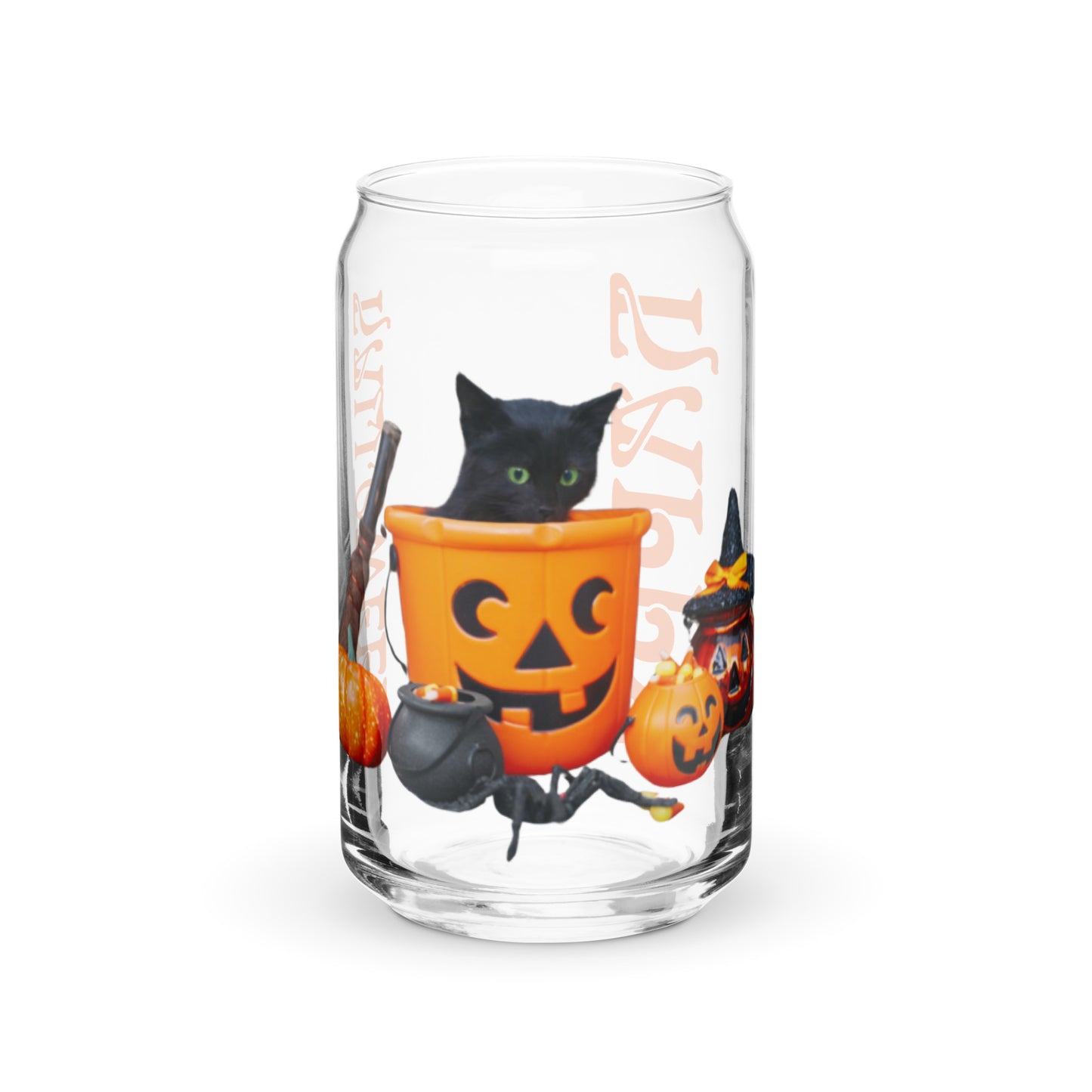 “HAPPY HALLOWEEN!”Can-Shaped Glass W/Black Kitten/Orange Font