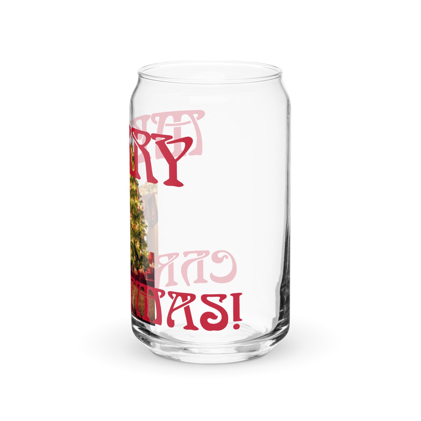 “MERRY CHRISTMAS TREE!”Can-Shaped Glass W/Red Font