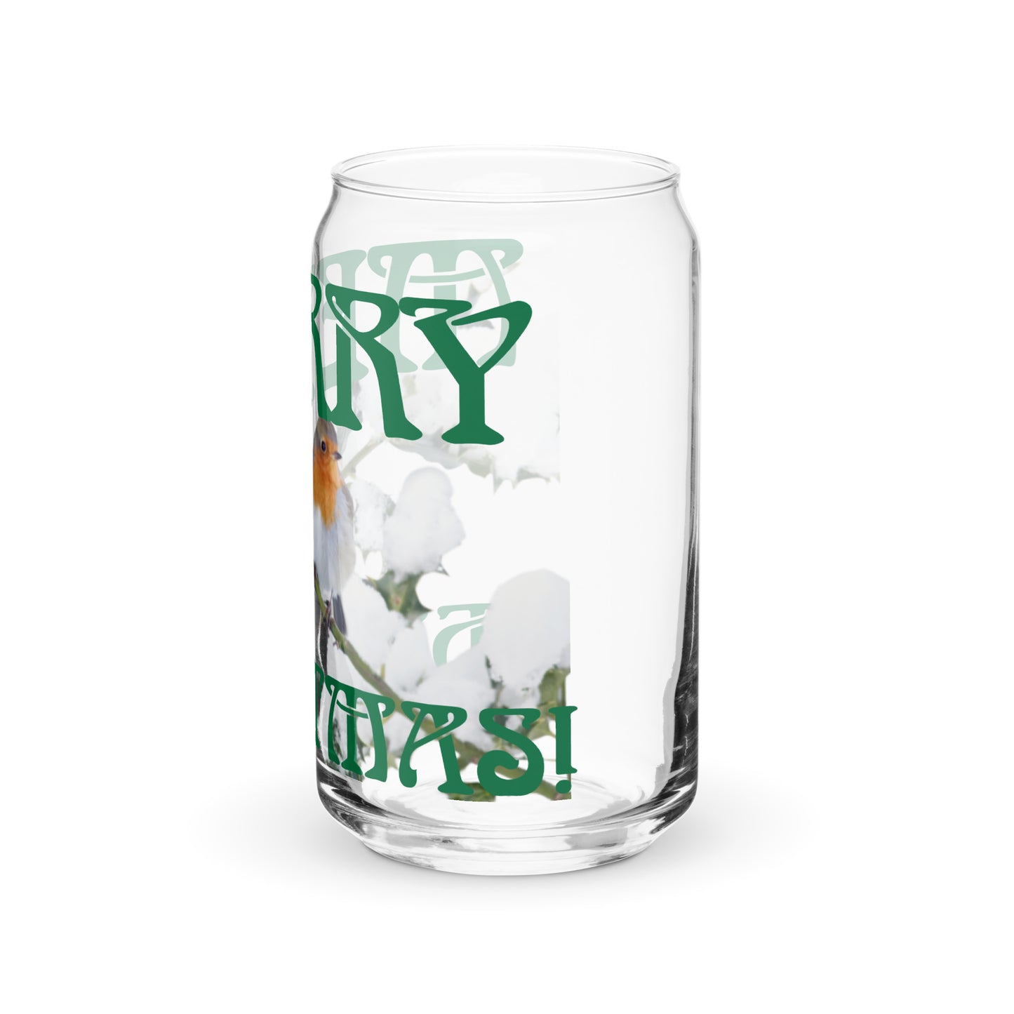 “MERRY CHRISTMAS! W/A BIRD Can-Shaped Glass W/Green Font