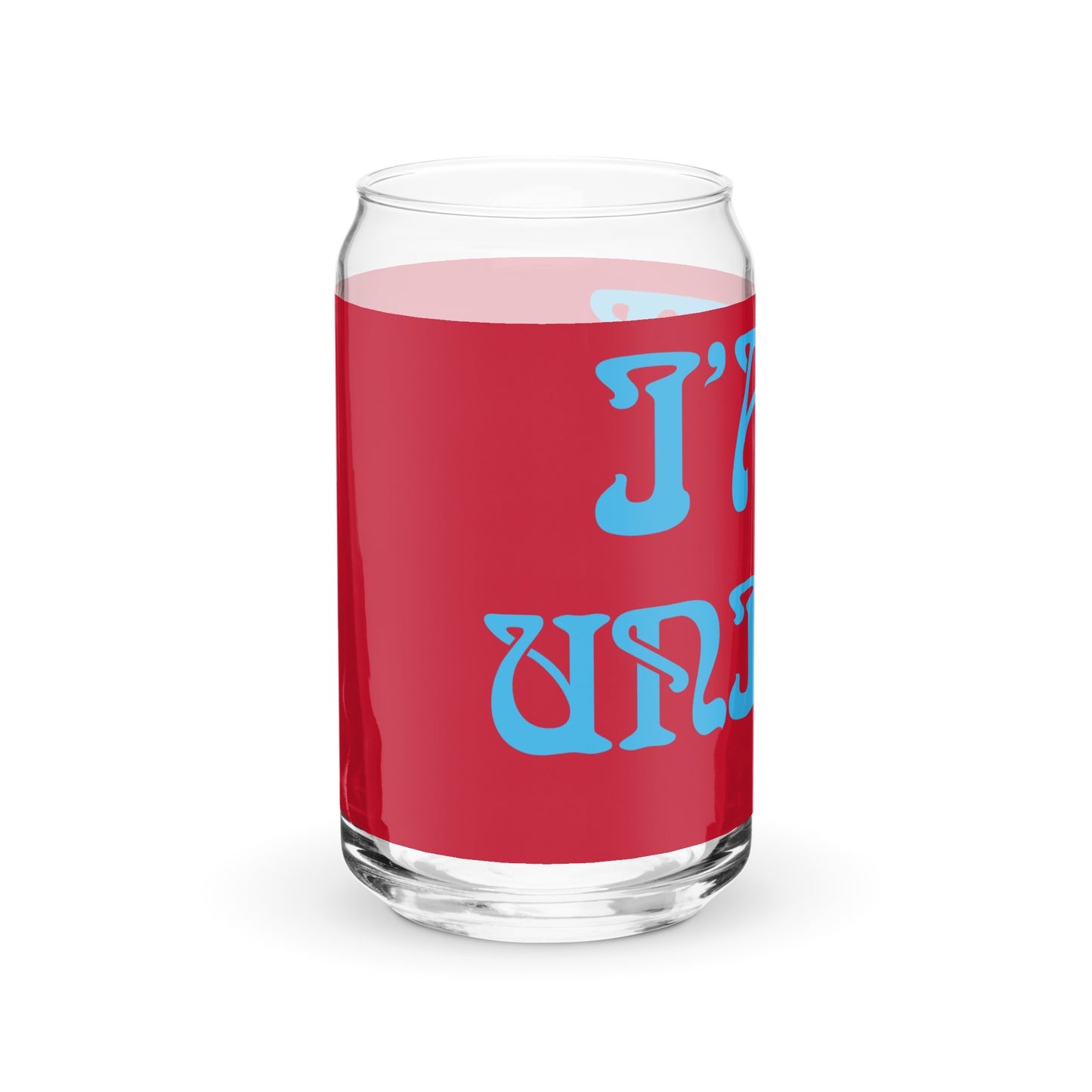 “I’AM UNIQUE!”Red Can-Shaped Glass W/SkyBlue Font