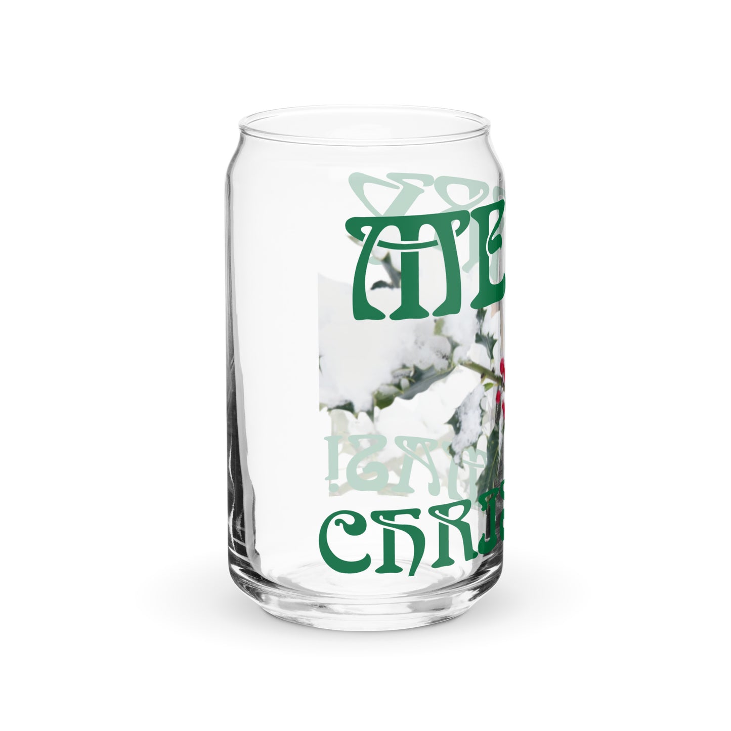 “MERRY CHRISTMAS! W/A BIRD Can-Shaped Glass W/Green Font