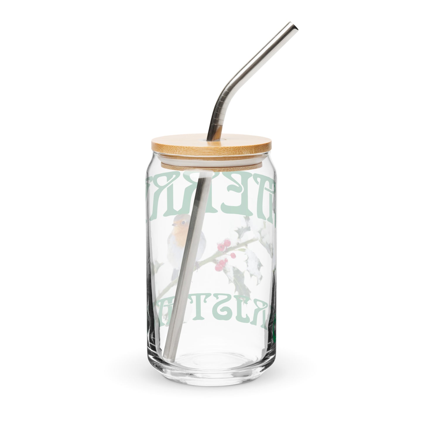 “MERRY CHRISTMAS! W/A BIRD Can-Shaped Glass W/Green Font