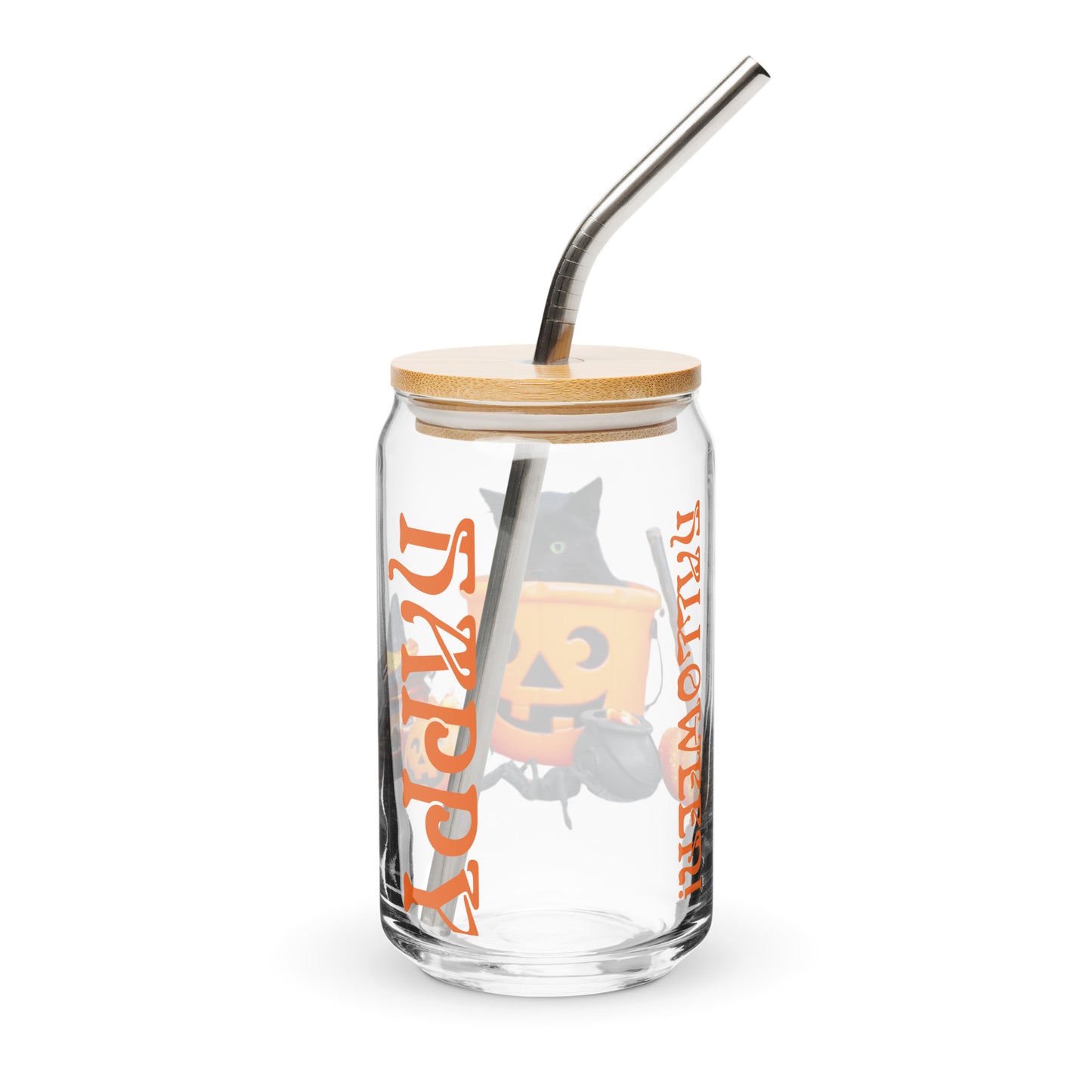 “HAPPY HALLOWEEN!”Can-Shaped Glass W/Black Kitten/Orange Font