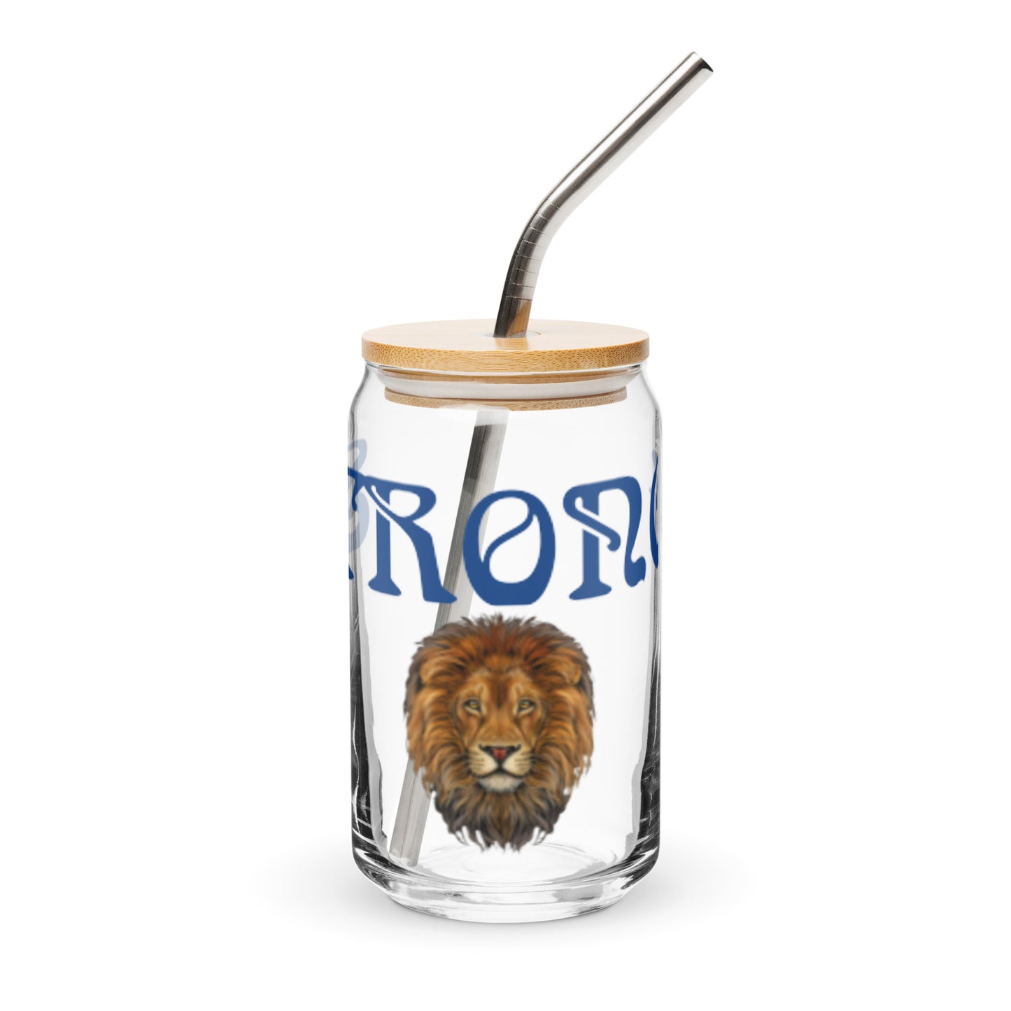 “STRONG” Can-Shaped Glass W/Blue Font