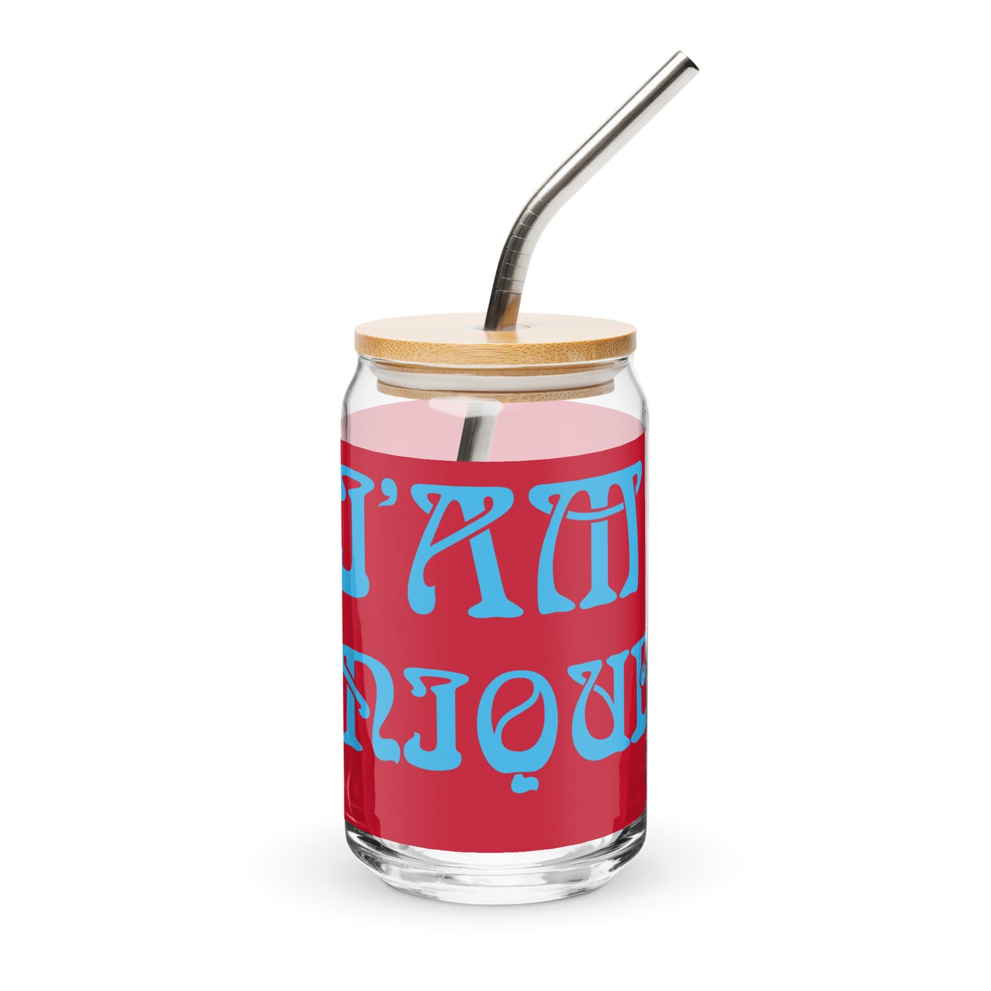 “I’AM UNIQUE!”Red Can-Shaped Glass W/SkyBlue Font