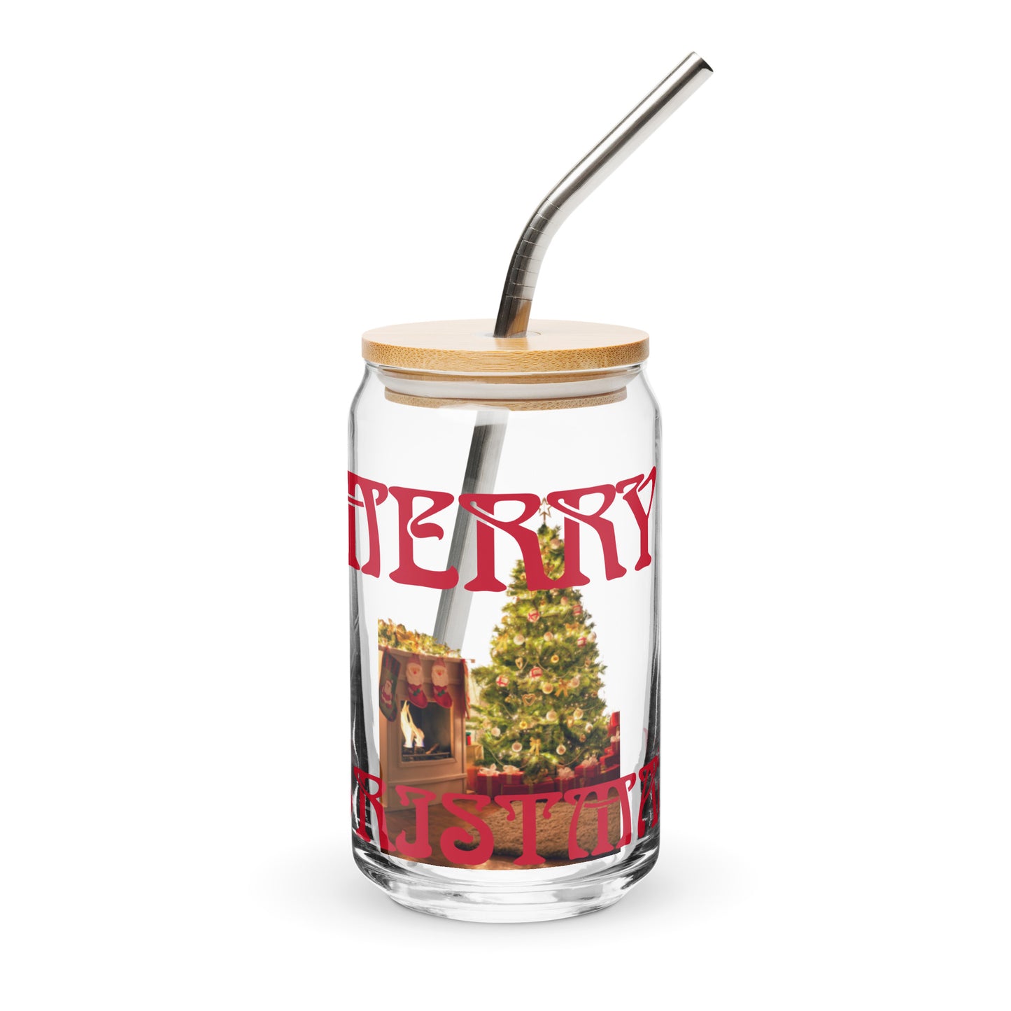 “MERRY CHRISTMAS TREE!”Can-Shaped Glass W/Red Font