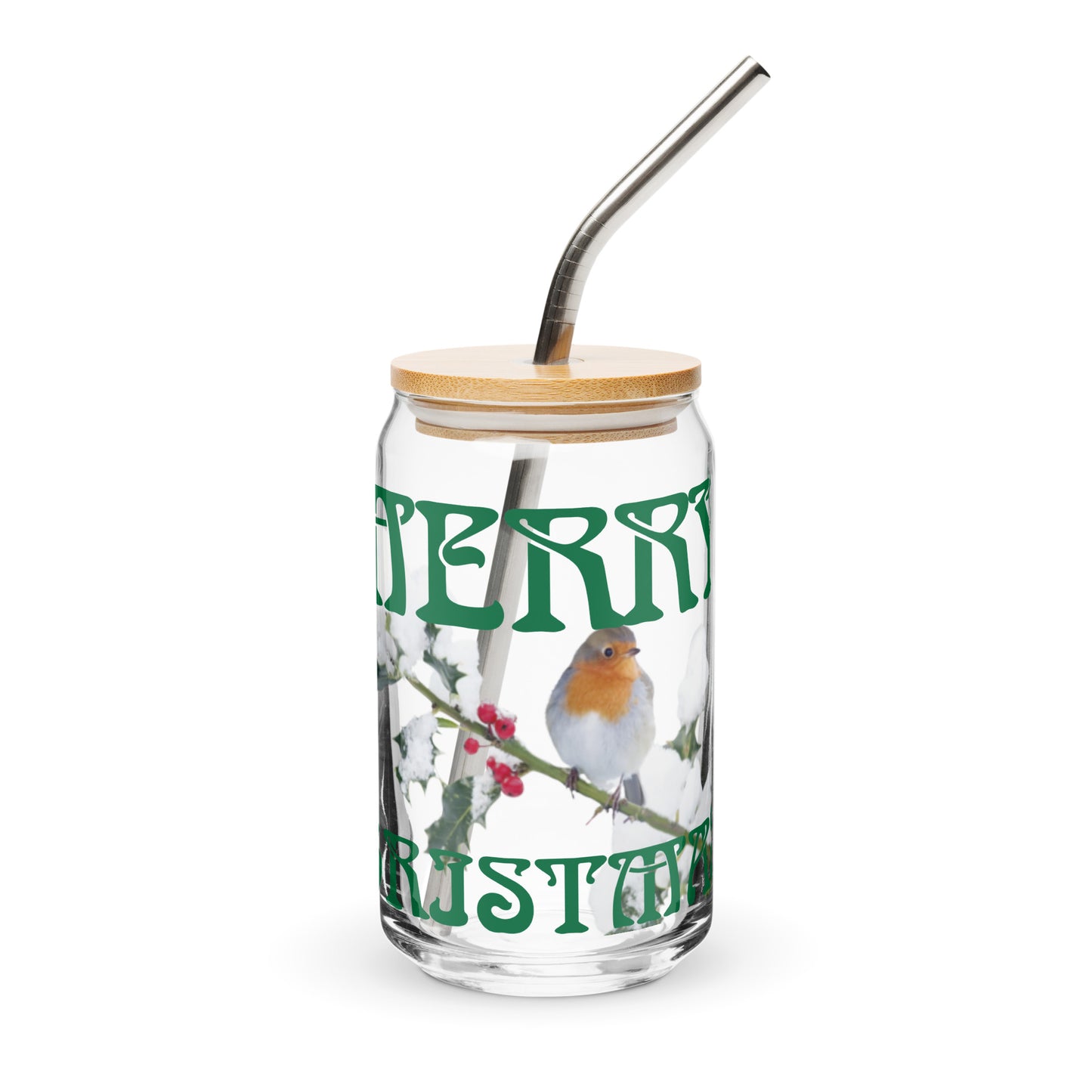 “MERRY CHRISTMAS! W/A BIRD Can-Shaped Glass W/Green Font