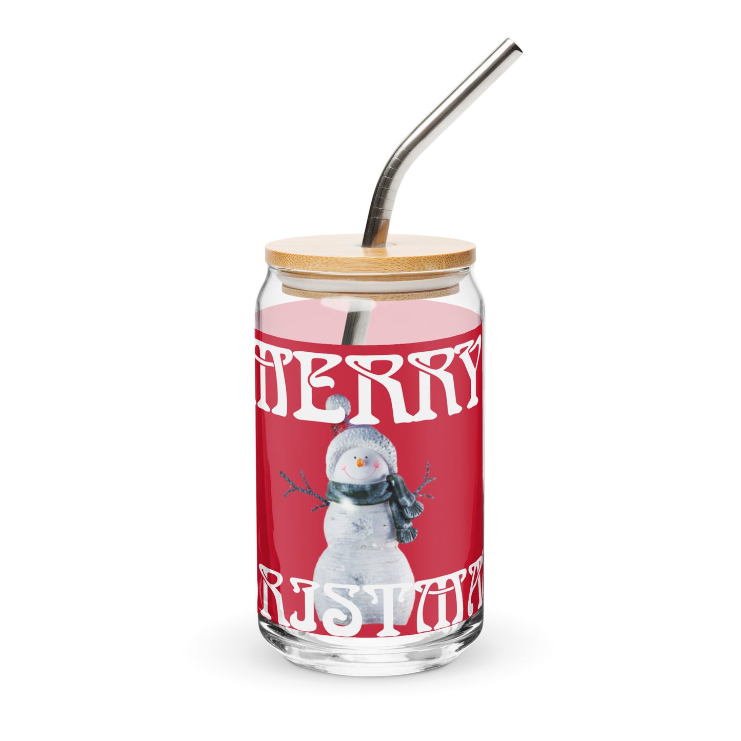 “MERRY CHRISTMAS SNOWMAN!”Red Can-Shaped Glass W/White Font