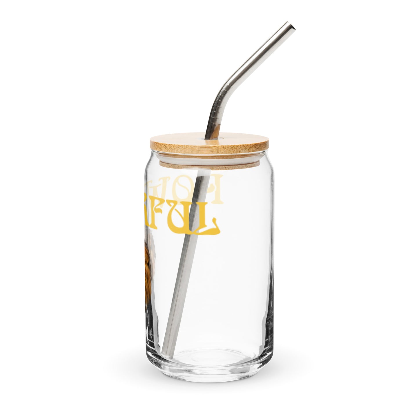 “POWERFUL”Can-Shaped Glass W/Yellow Font