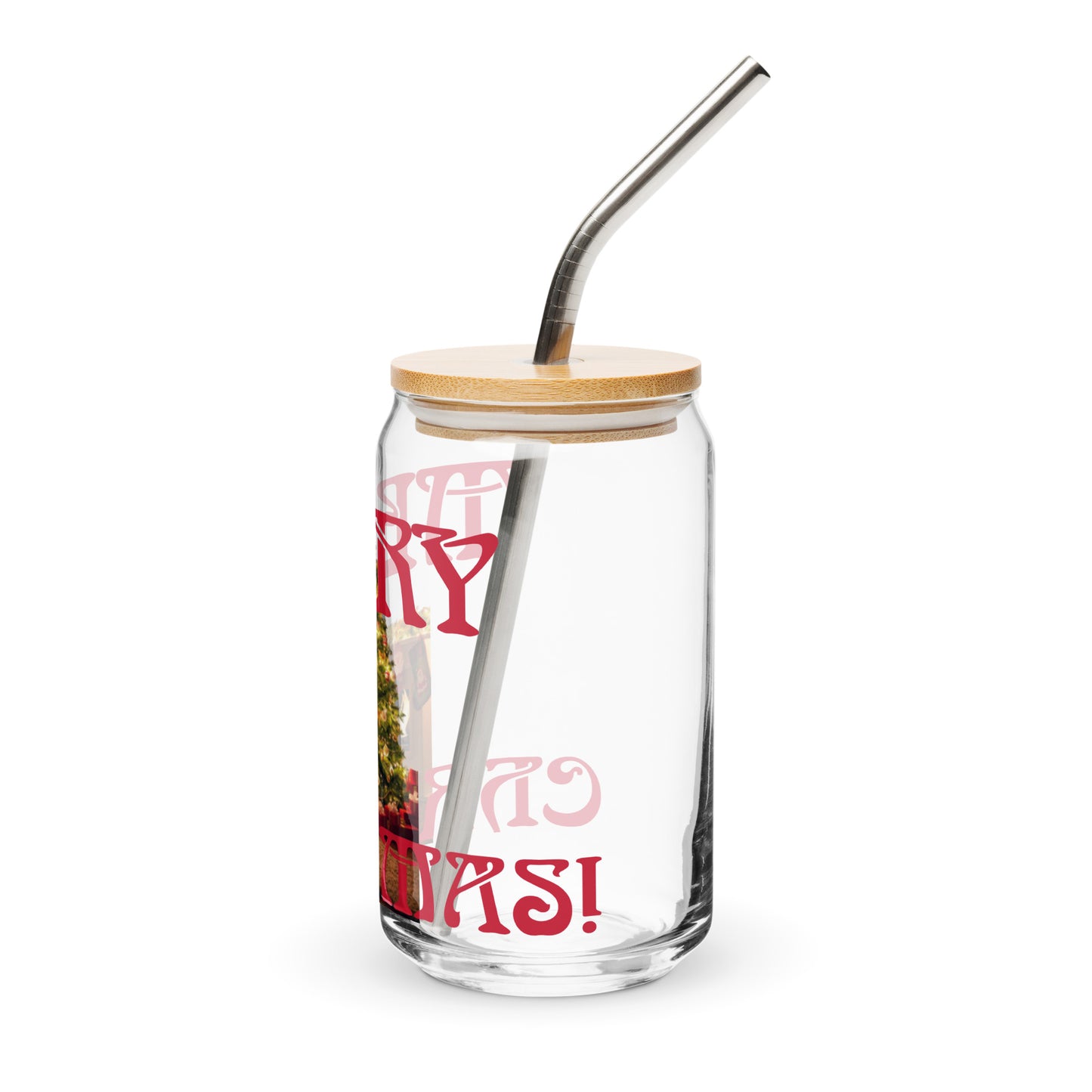 “MERRY CHRISTMAS TREE!”Can-Shaped Glass W/Red Font