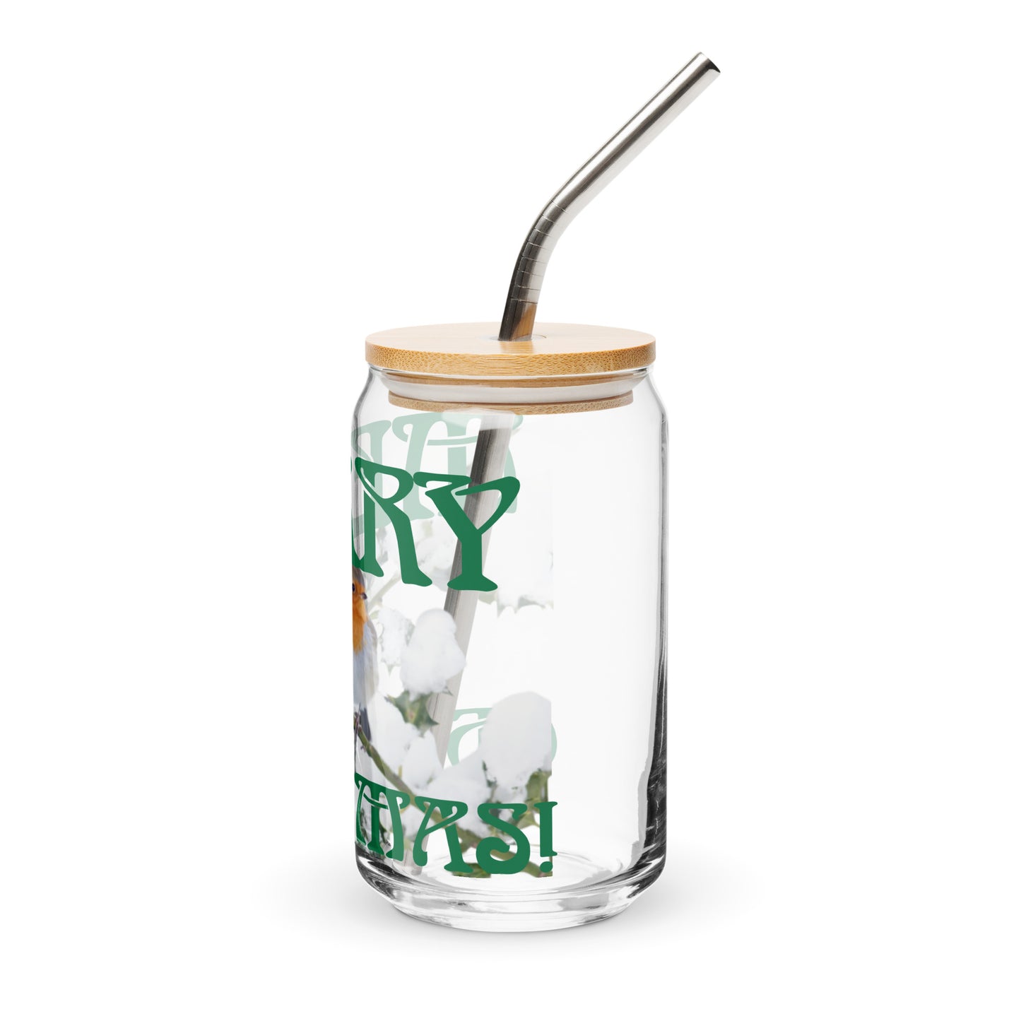 “MERRY CHRISTMAS! W/A BIRD Can-Shaped Glass W/Green Font