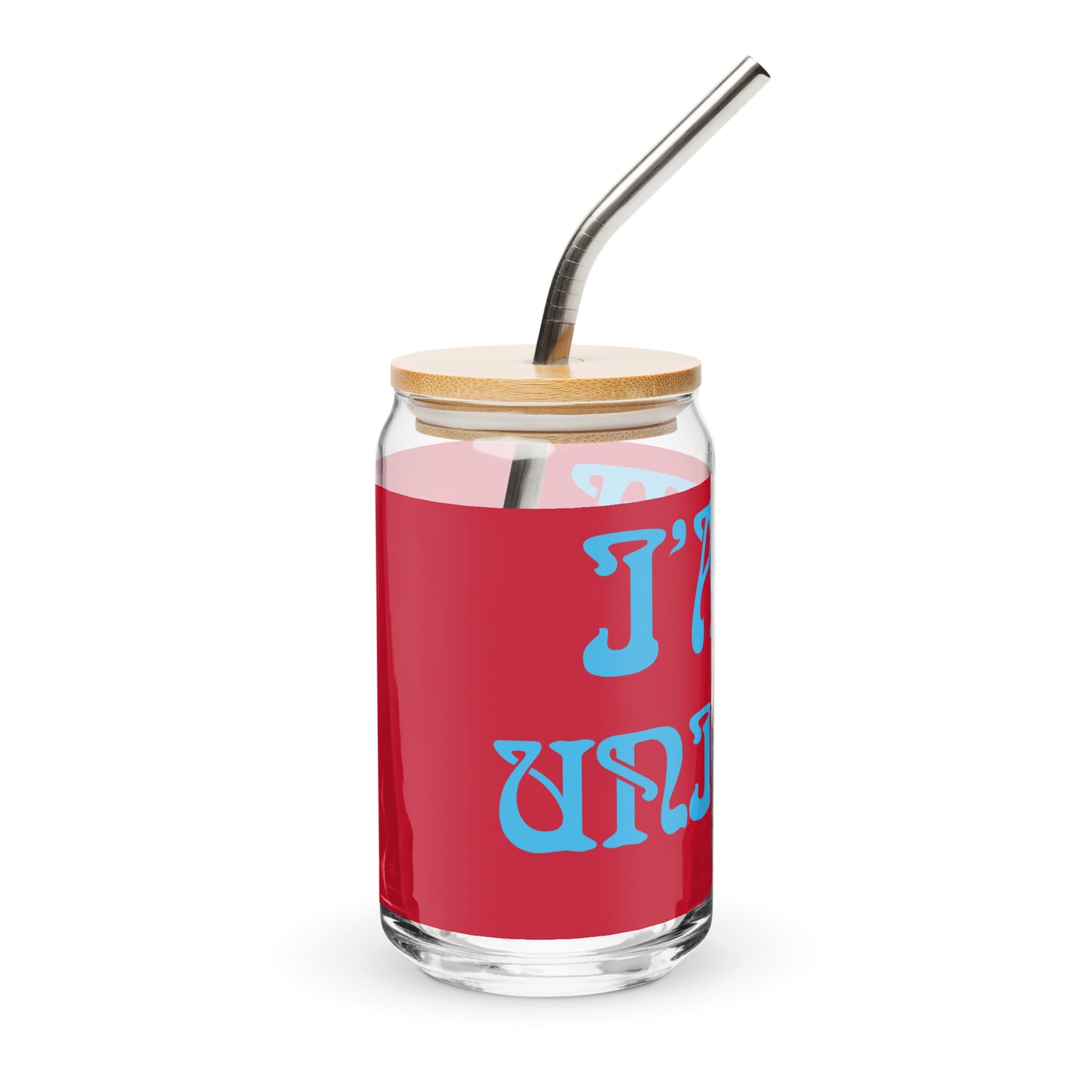 “I’AM UNIQUE!”Red Can-Shaped Glass W/SkyBlue Font