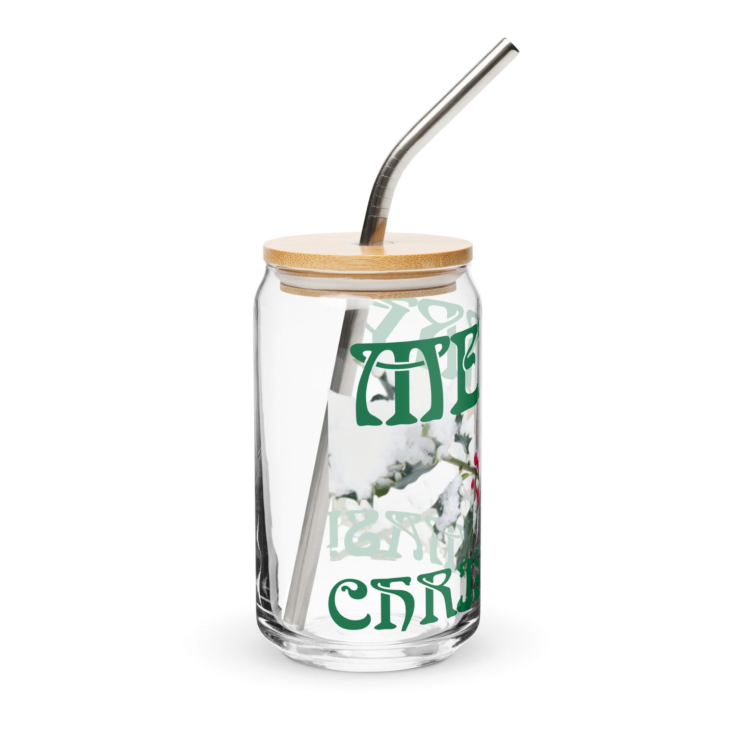 “MERRY CHRISTMAS! W/A BIRD Can-Shaped Glass W/Green Font