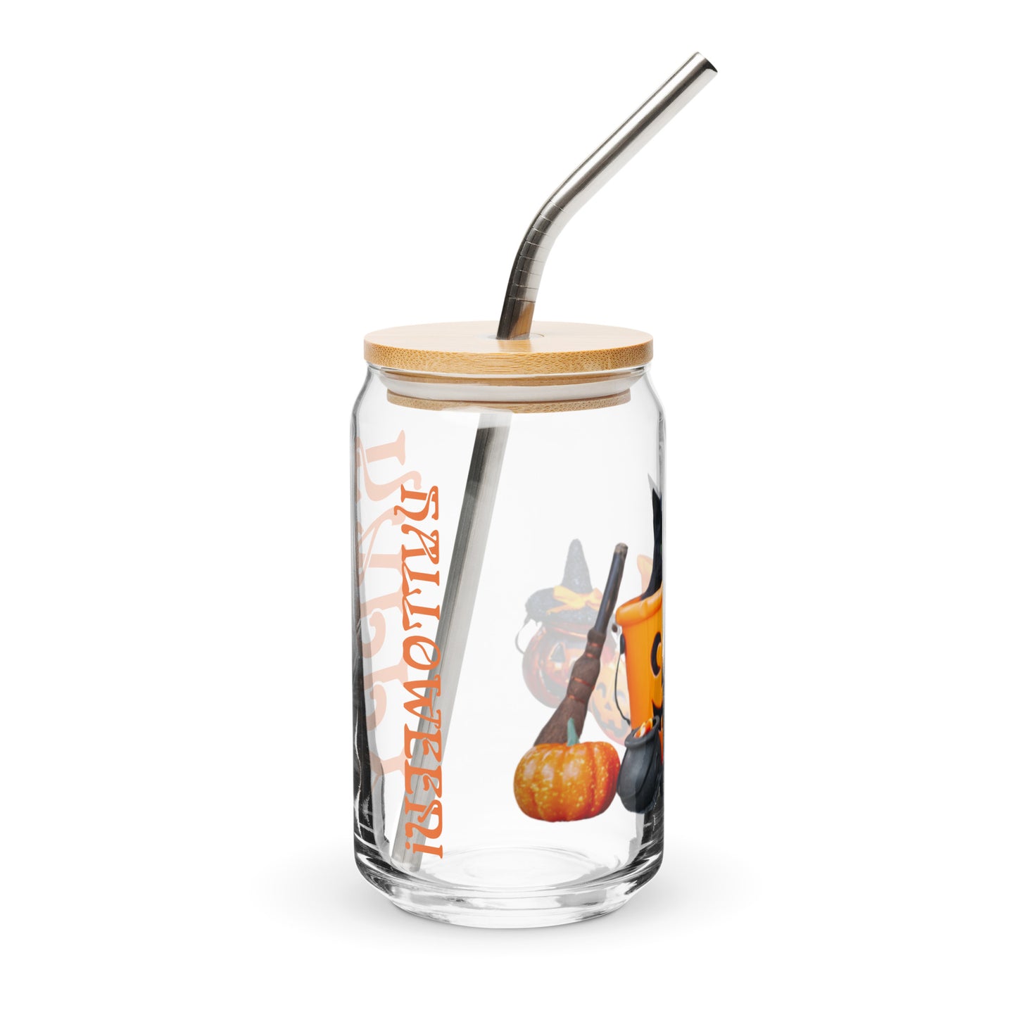 “HAPPY HALLOWEEN!”Can-Shaped Glass W/Black Kitten/Orange Font