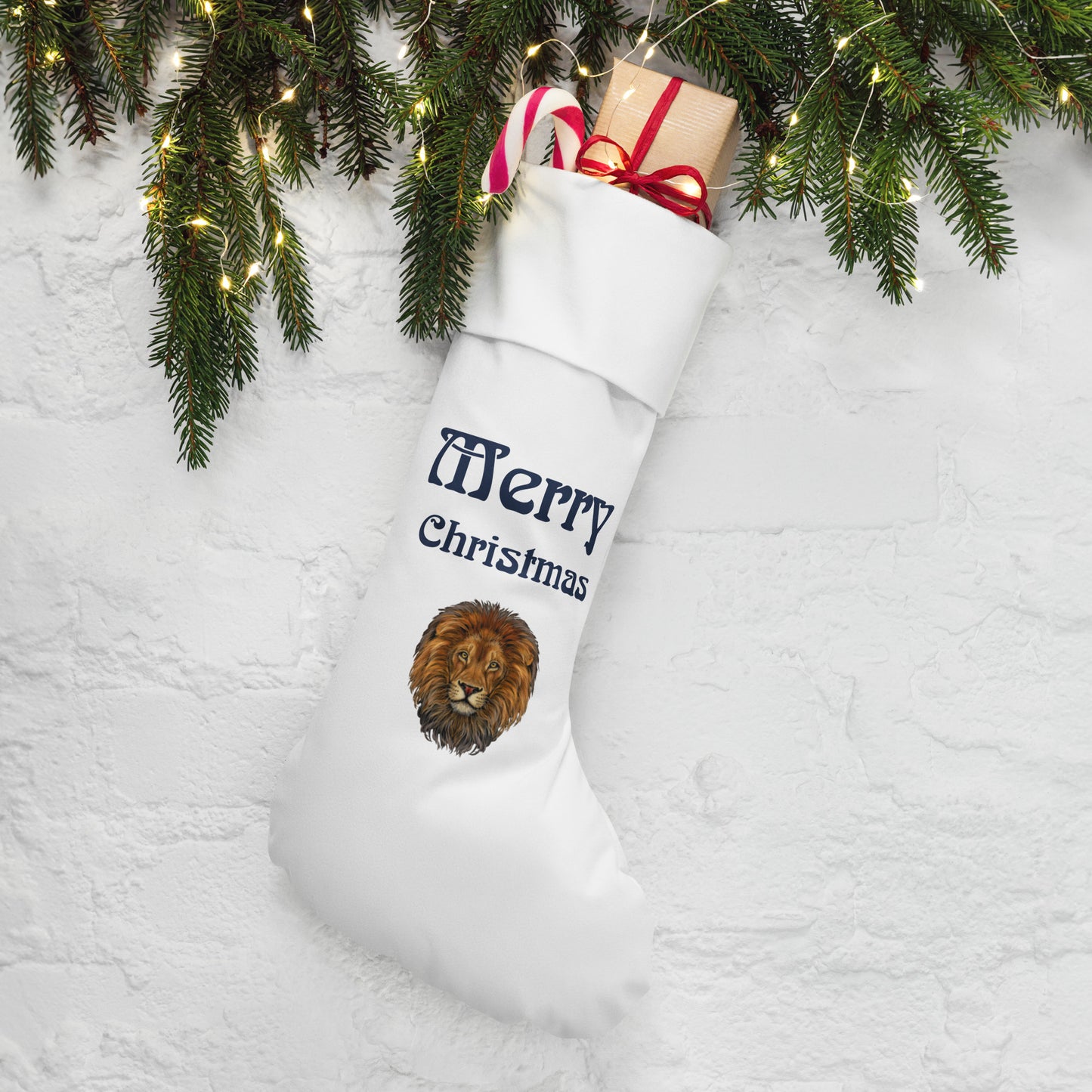 “White”Christmas Stocking W/Navy Font