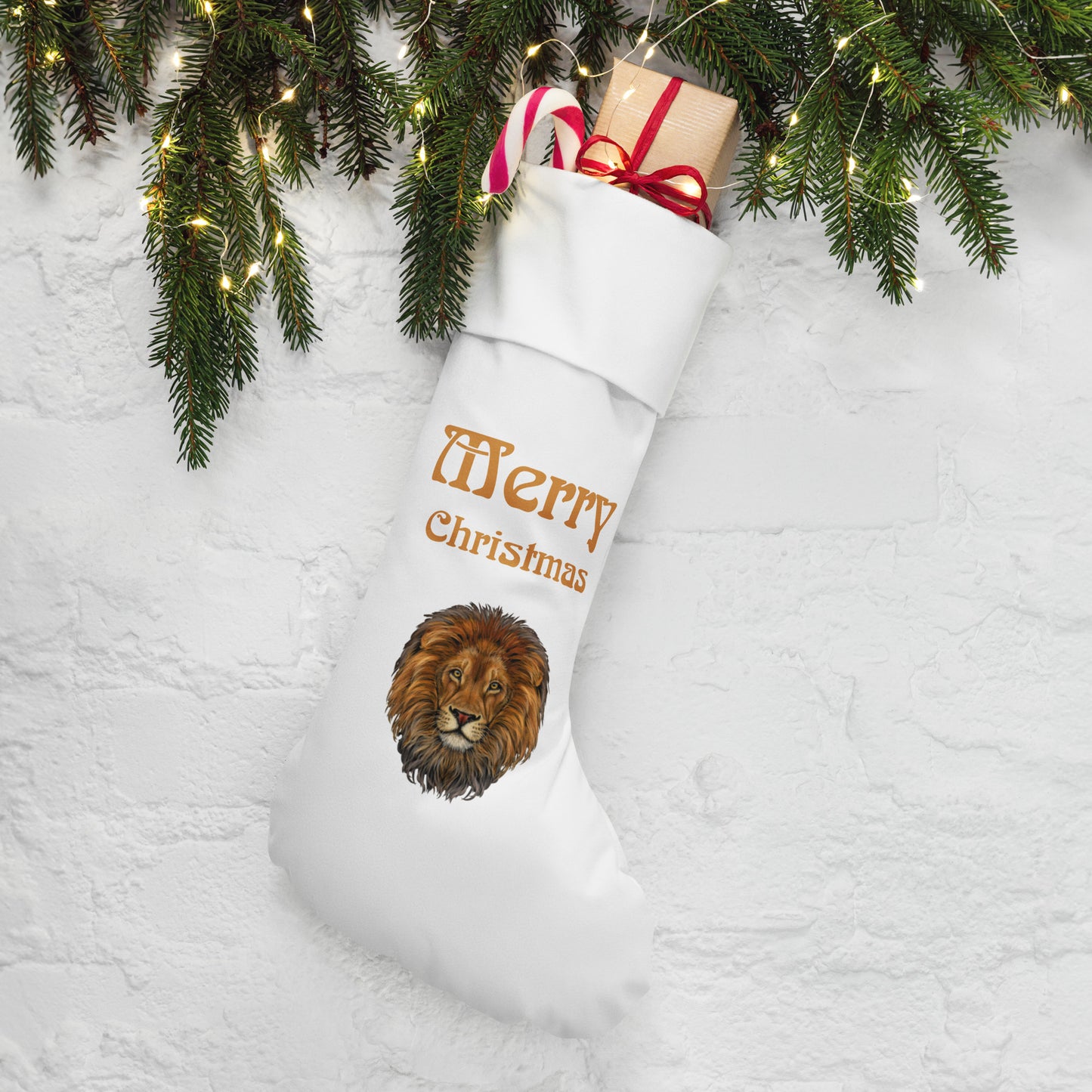 “White”Christmas Stocking W/Bronze Font