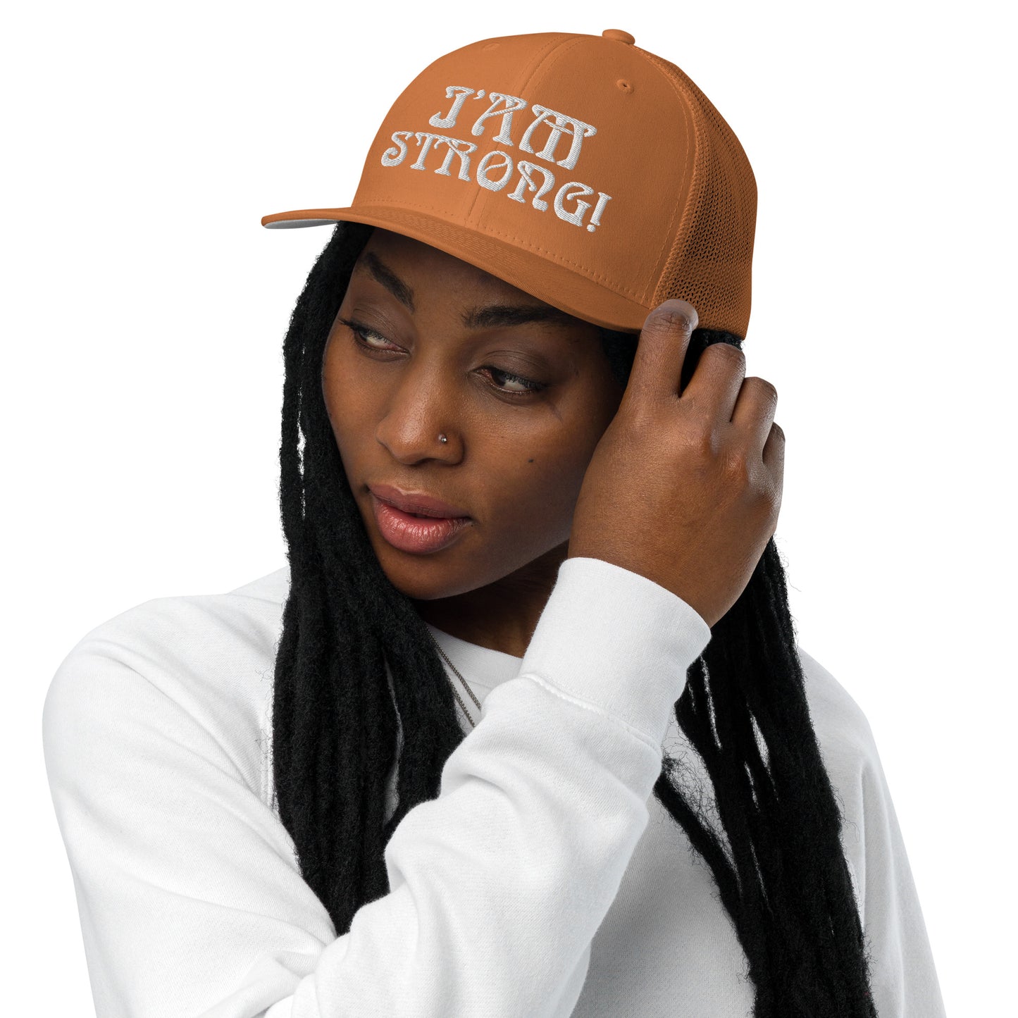 “I’AM STRONG!”Caramel Closed-Back Trucker Cap W/White Font