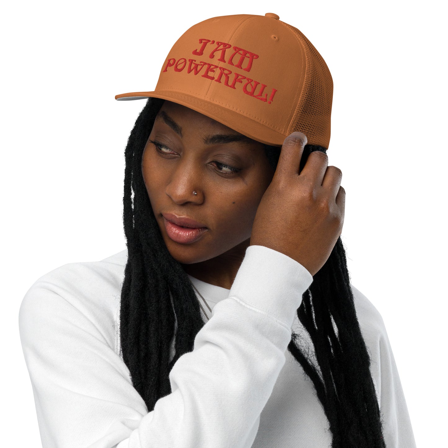 “I’AM POWERFUL!”Caramel Closed-Back Trucker Cap W/Red Font