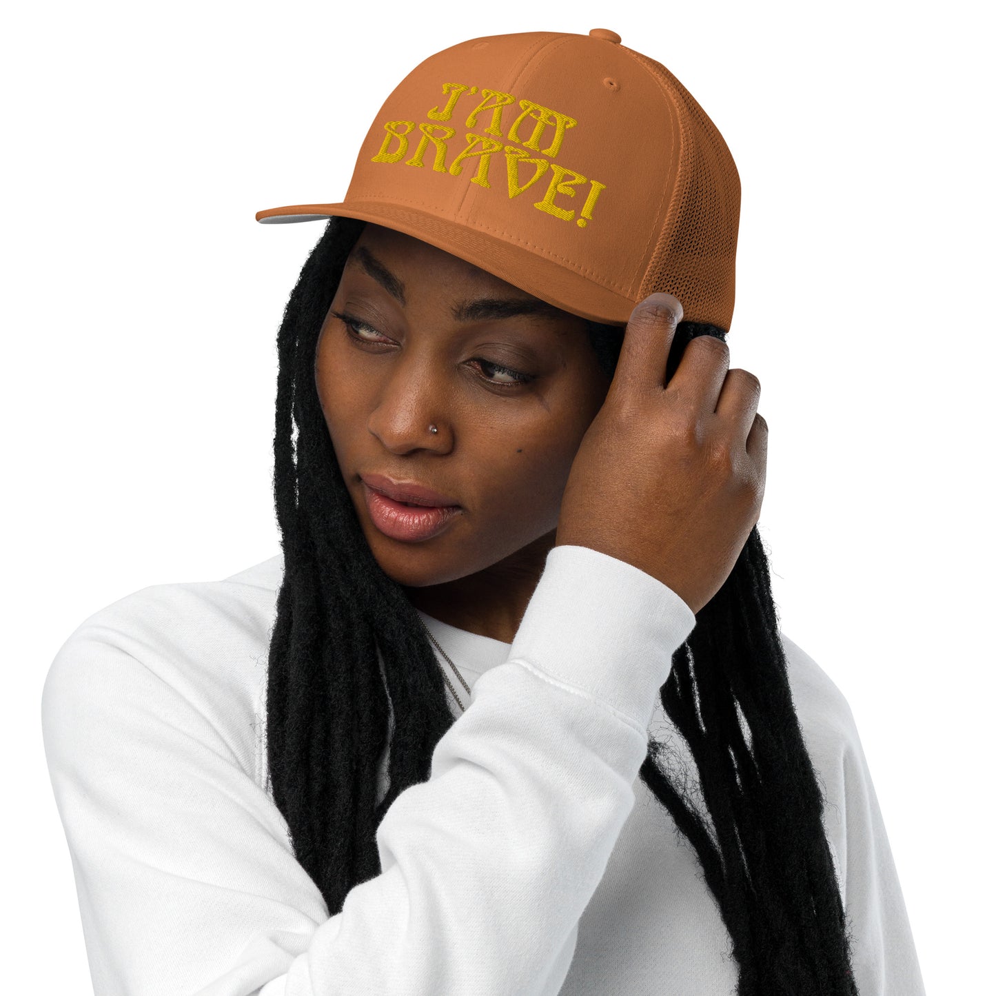 “I’AM BRAVE!”Caramel Closed-Back Trucker Cap W/Yellow Font