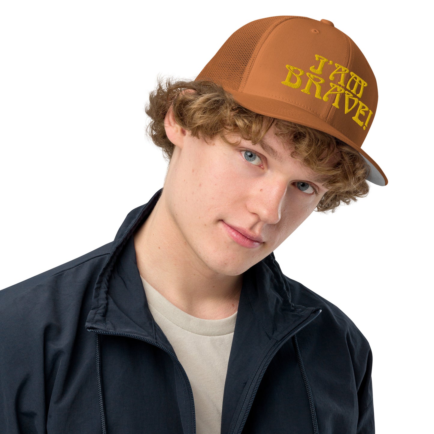 “I’AM BRAVE!”Caramel Closed-Back Trucker Cap W/Yellow Font