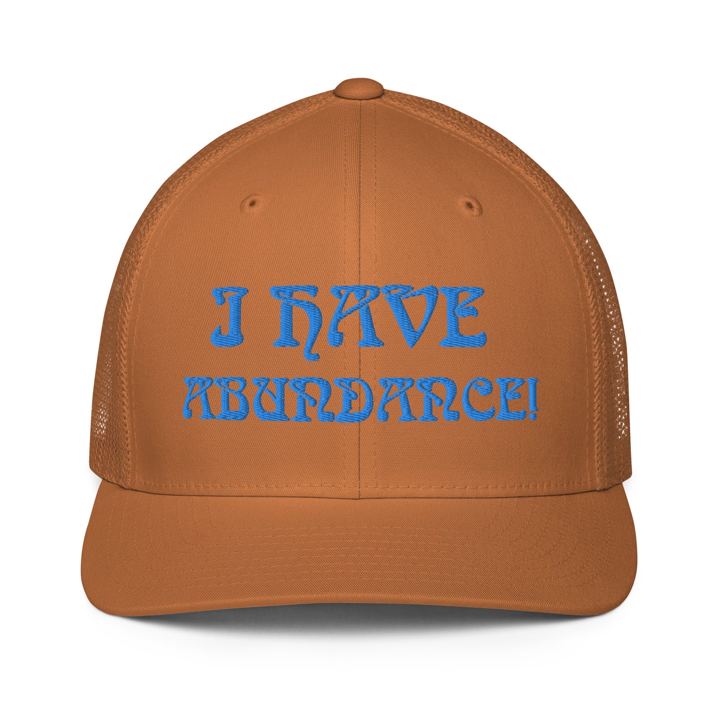 “I HAVE ABUNDANCE!”Caramel Closed-Back Trucker Cap W/Blue Font